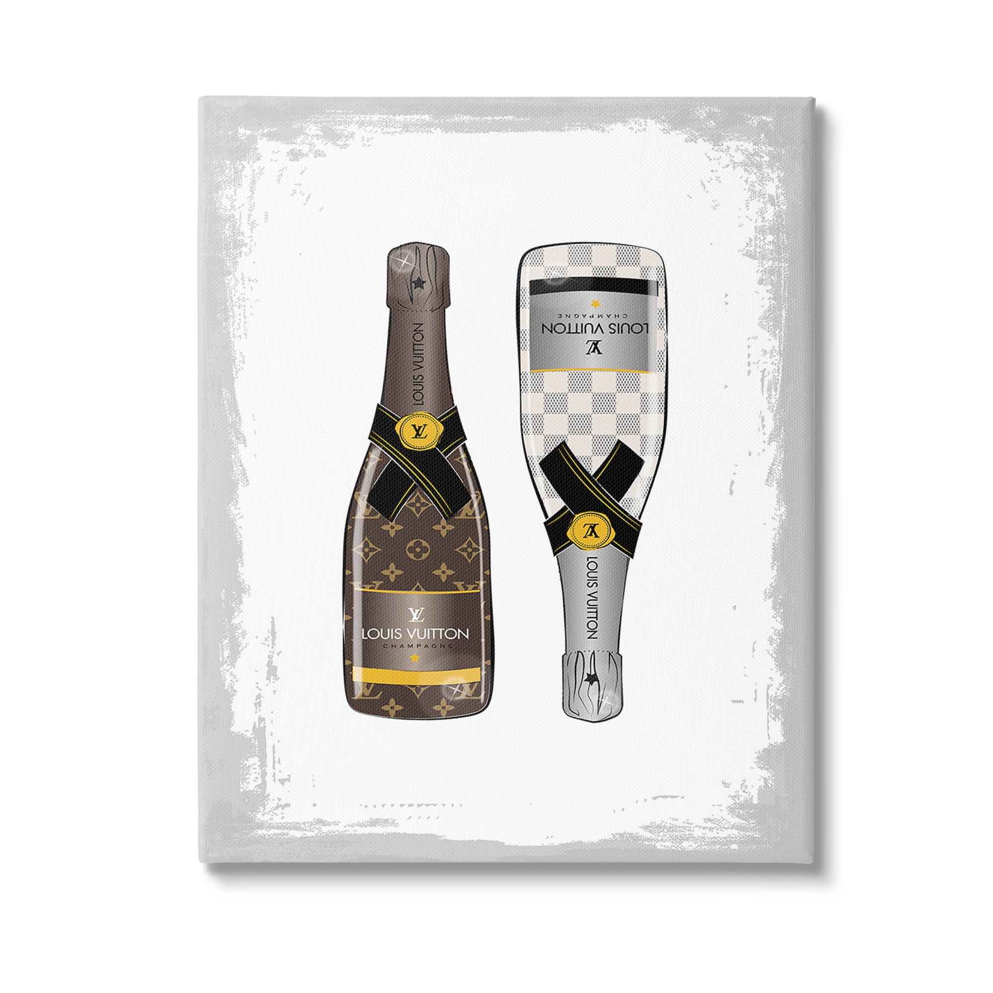 Patterned Champagne Bottles Canvas Wall Art in Brown and White