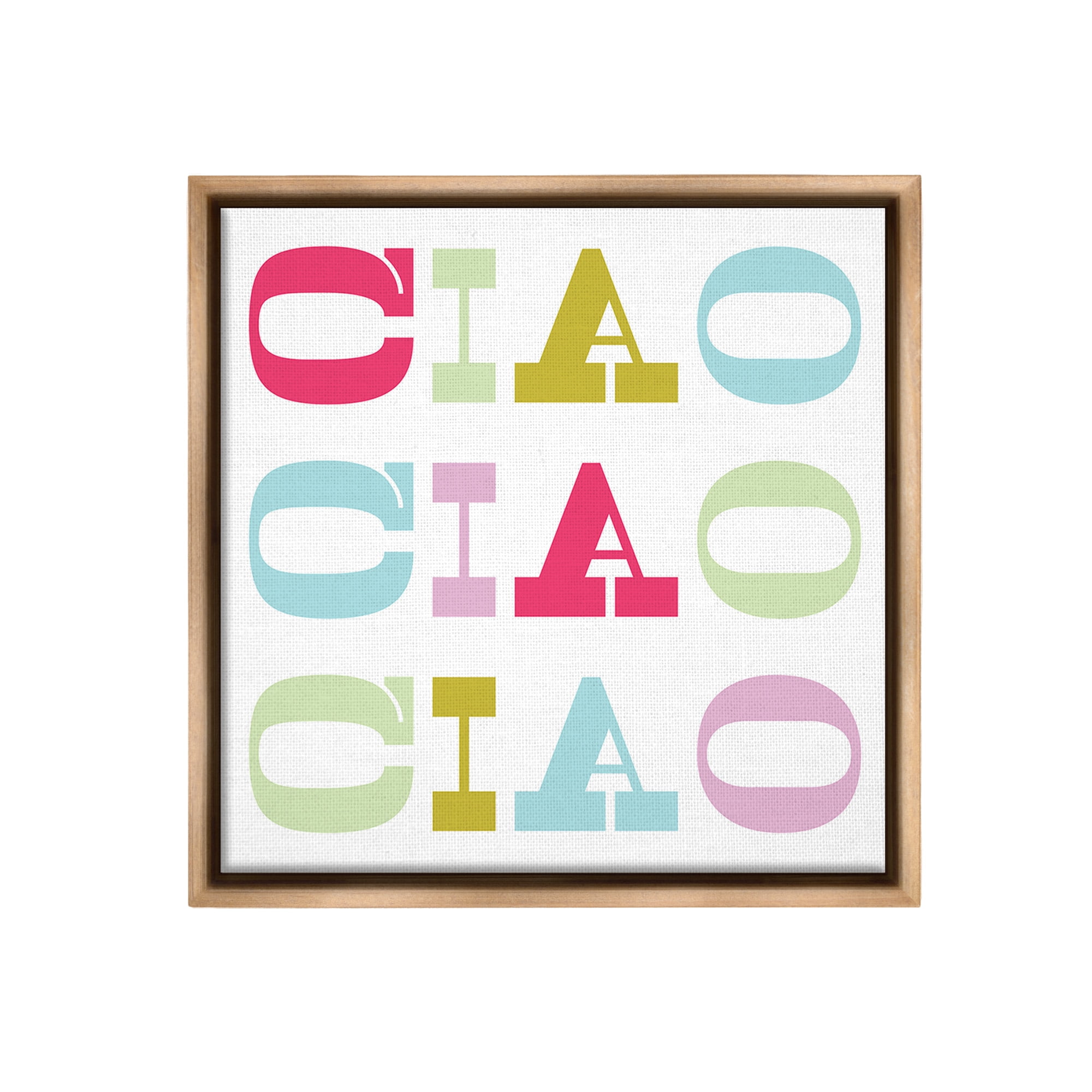 Stupell Industries Patterned Ciao Typography Typography Painting Brown Floater Framed Canvas Art Print Wall Art, 18 x 18