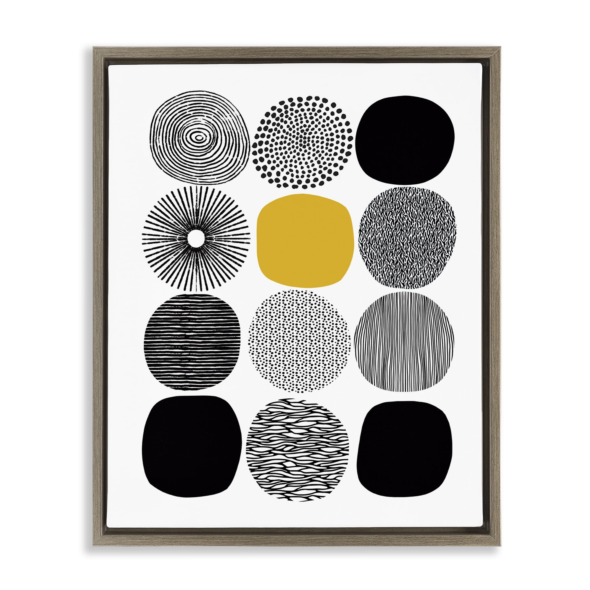 Stupell Industries Patterned Circles Yellow Accent Abstract Painting Brown Floater Framed Canvas Art Print Wall Art, 17 x 21