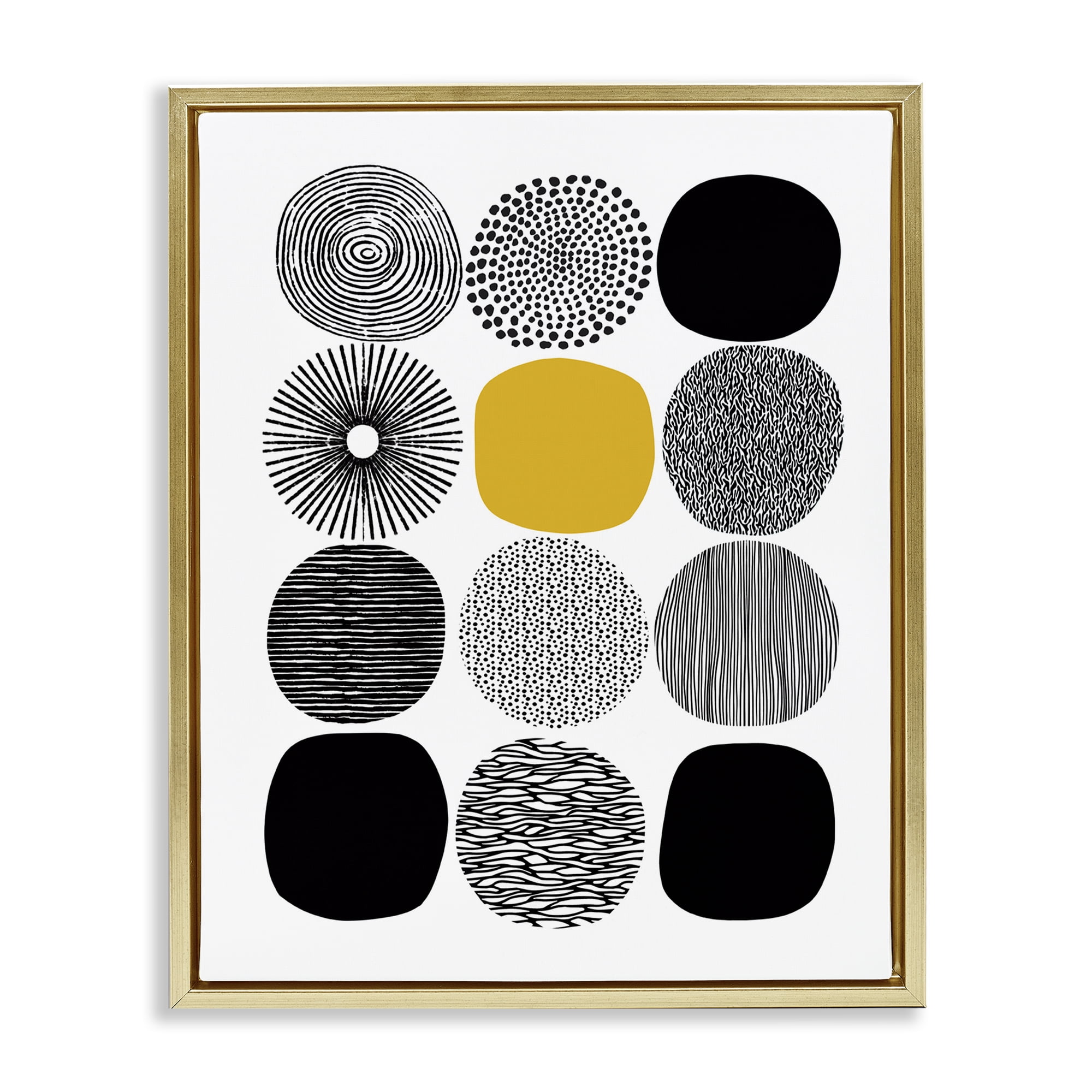 Stupell Industries Patterned Circles Yellow Accent Abstract Painting Gold Floater Framed Canvas Art Print Wall Art, 17 x 21