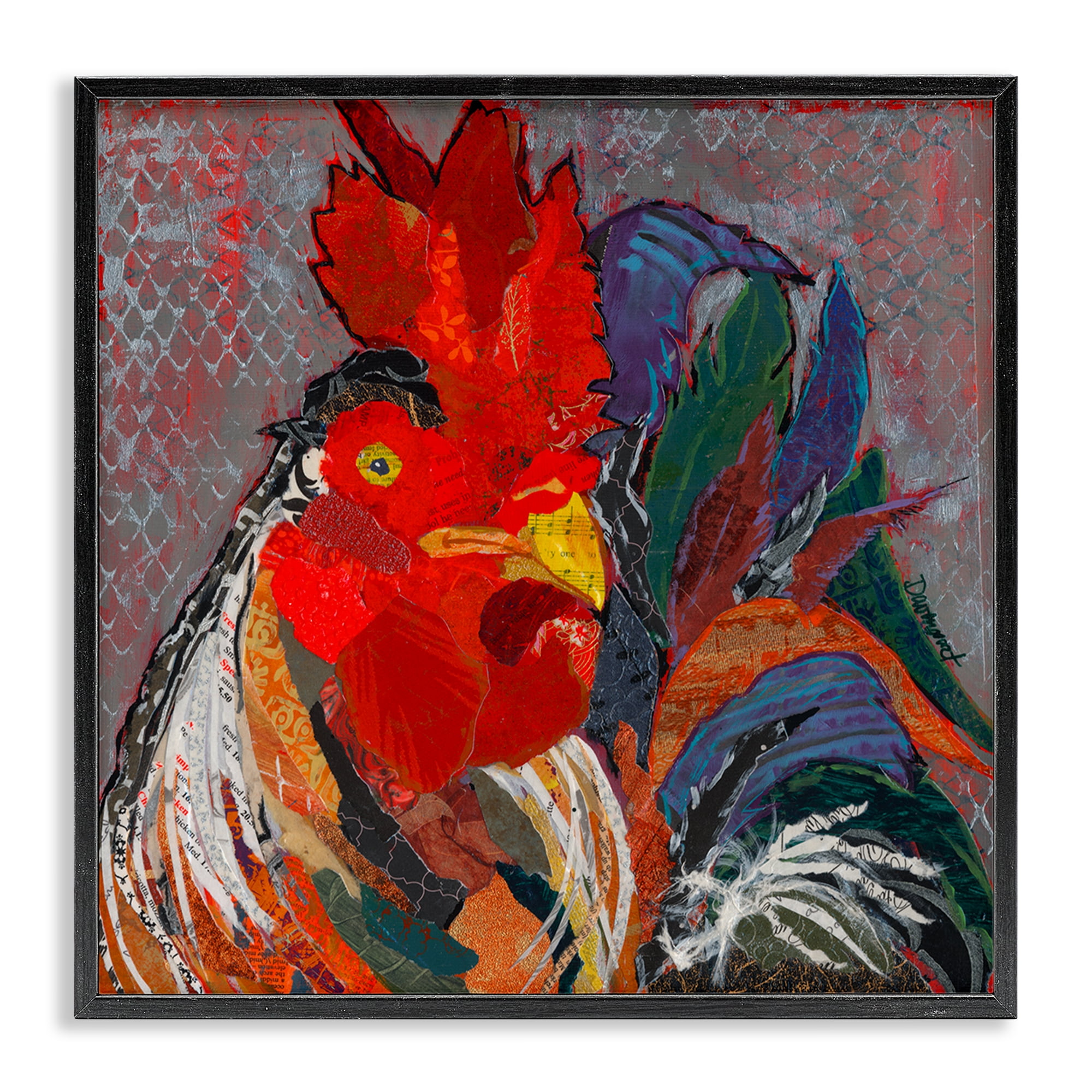 Stupell Industries Patterned Collage Rooster Animals Painting Black Framed Art Print Wall Art, 17 x 17