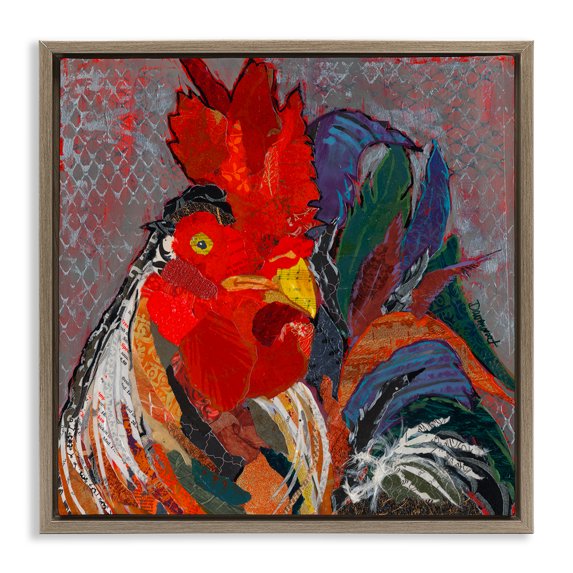 Stupell Industries Patterned Collage Rooster Animals Painting Brown Floater Framed Canvas Art Print Wall Art, 25 x 25