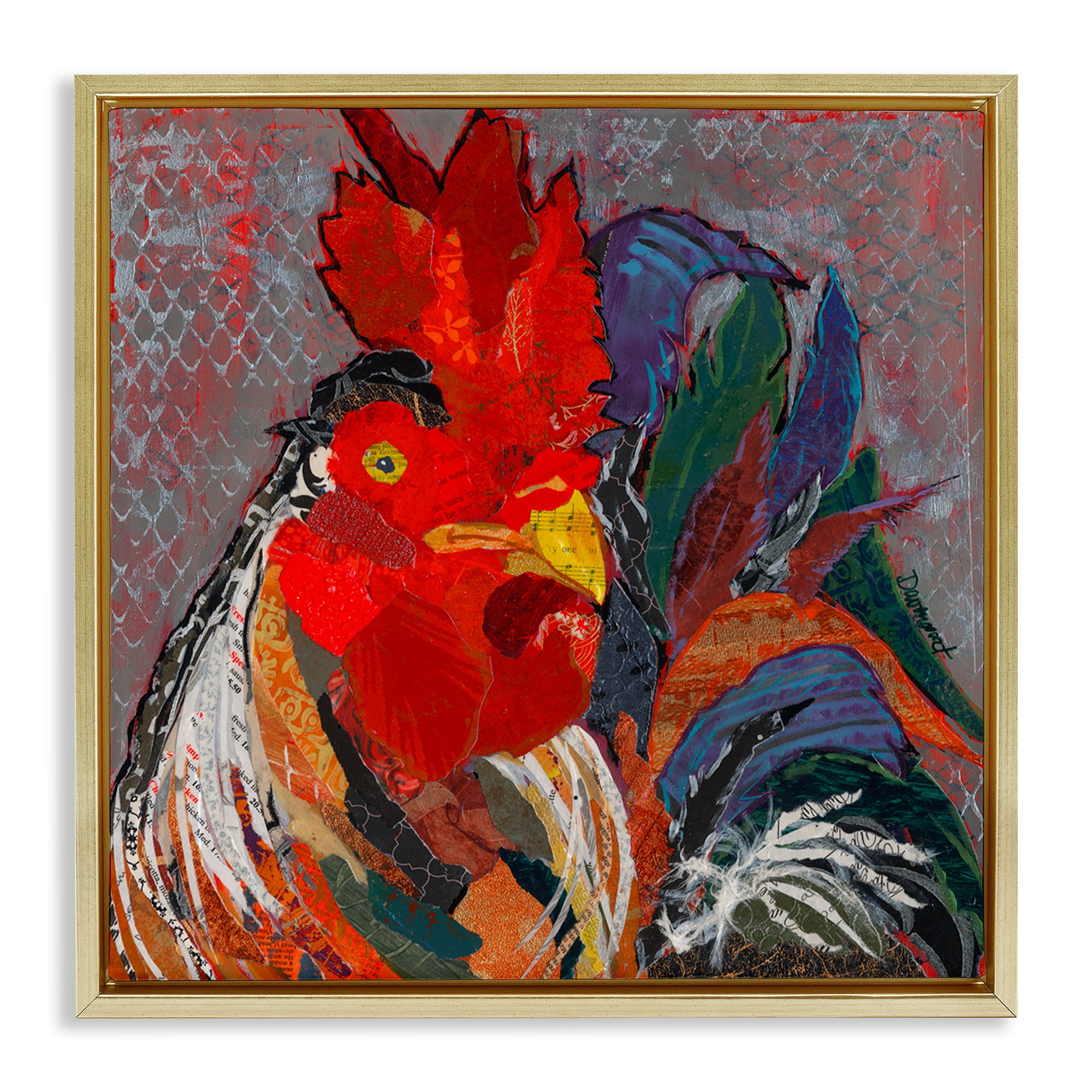 Stupell Industries Patterned Collage Rooster Animals Painting Gold Floater Framed Canvas Art Print Wall Art, 25 x 25