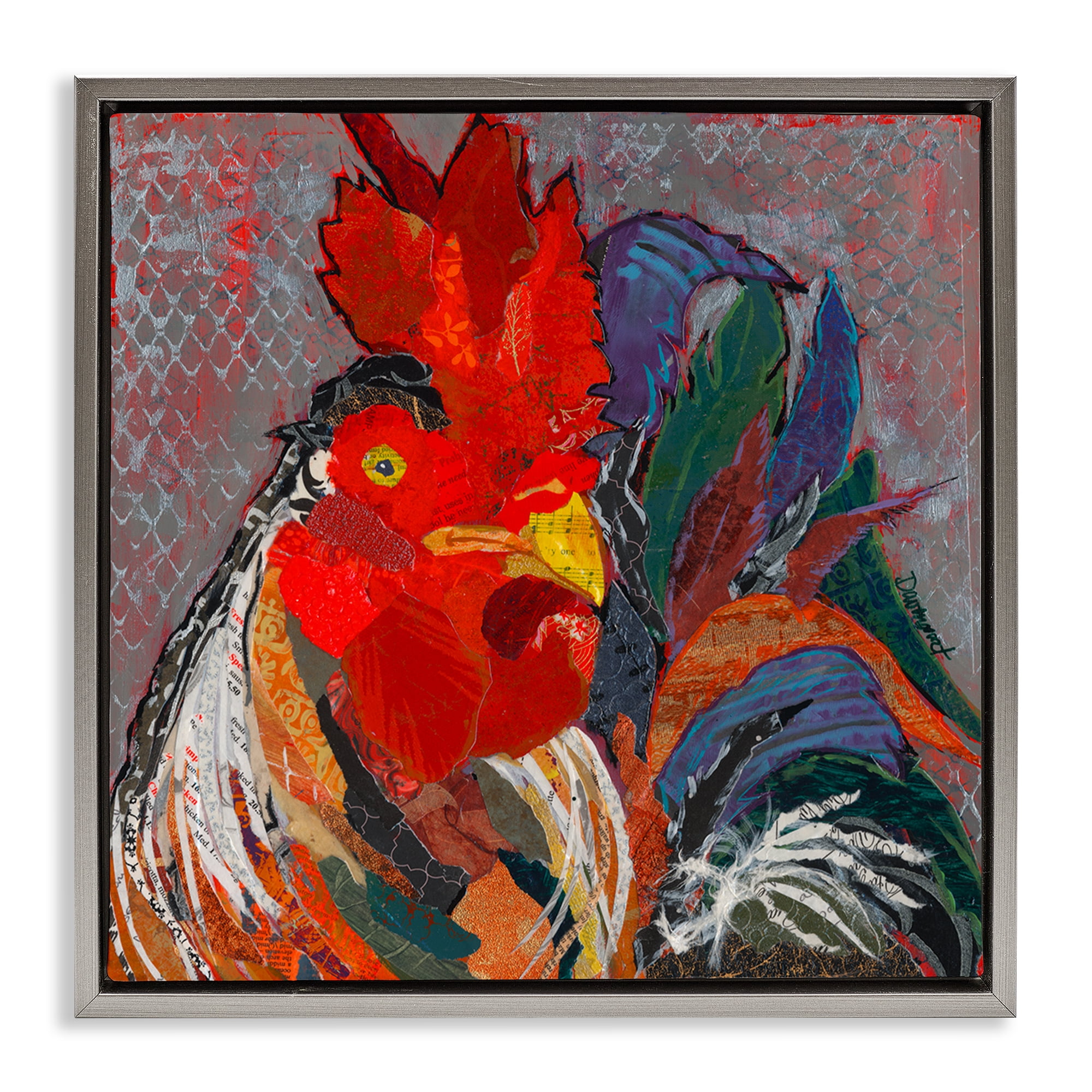 Stupell Industries Patterned Collage Rooster Animals Painting Gray Floater Framed Canvas Art Print Wall Art, 18 x 18