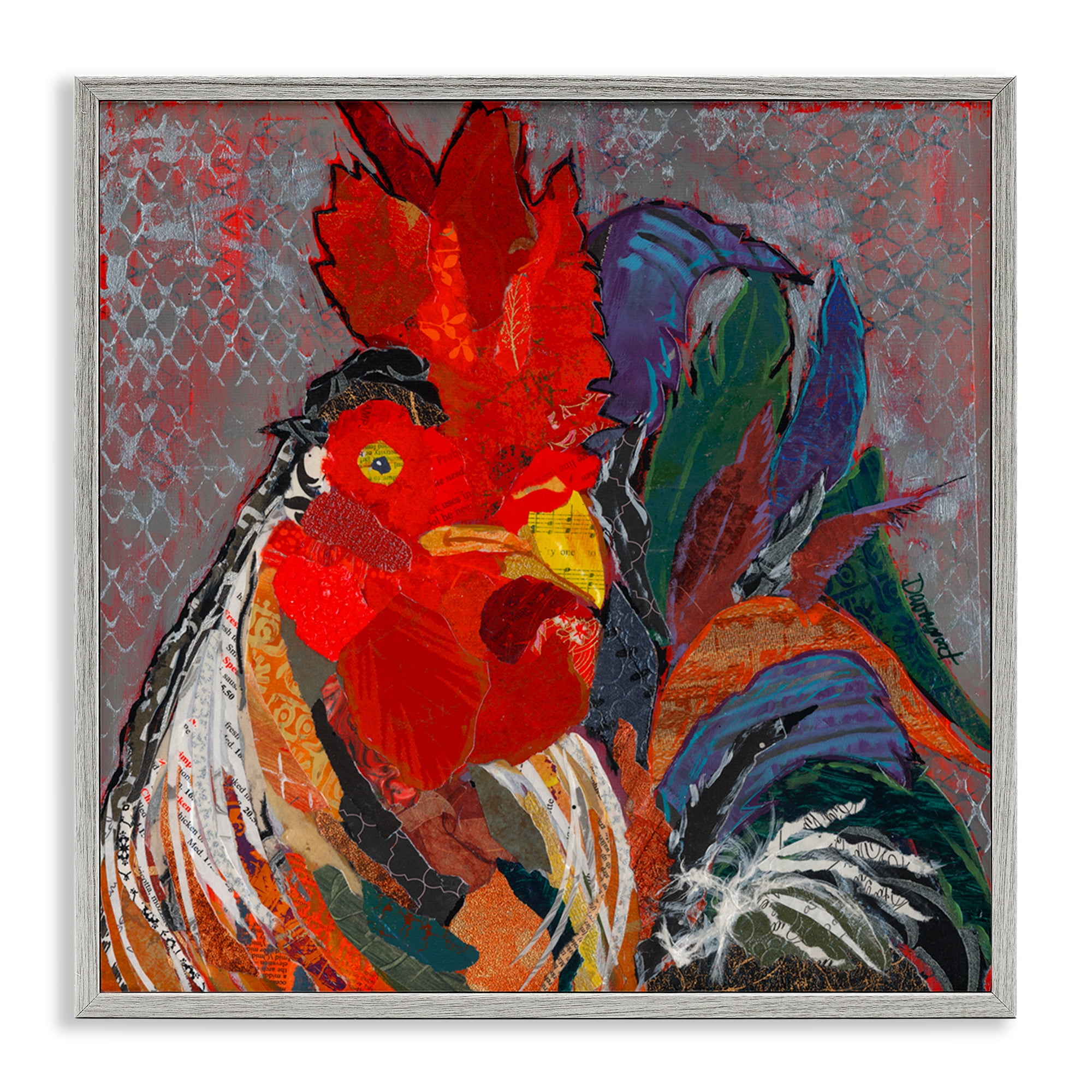 Stupell Industries Patterned Collage Rooster Animals Painting Gray Framed Art Print Wall Art, 24 x 24