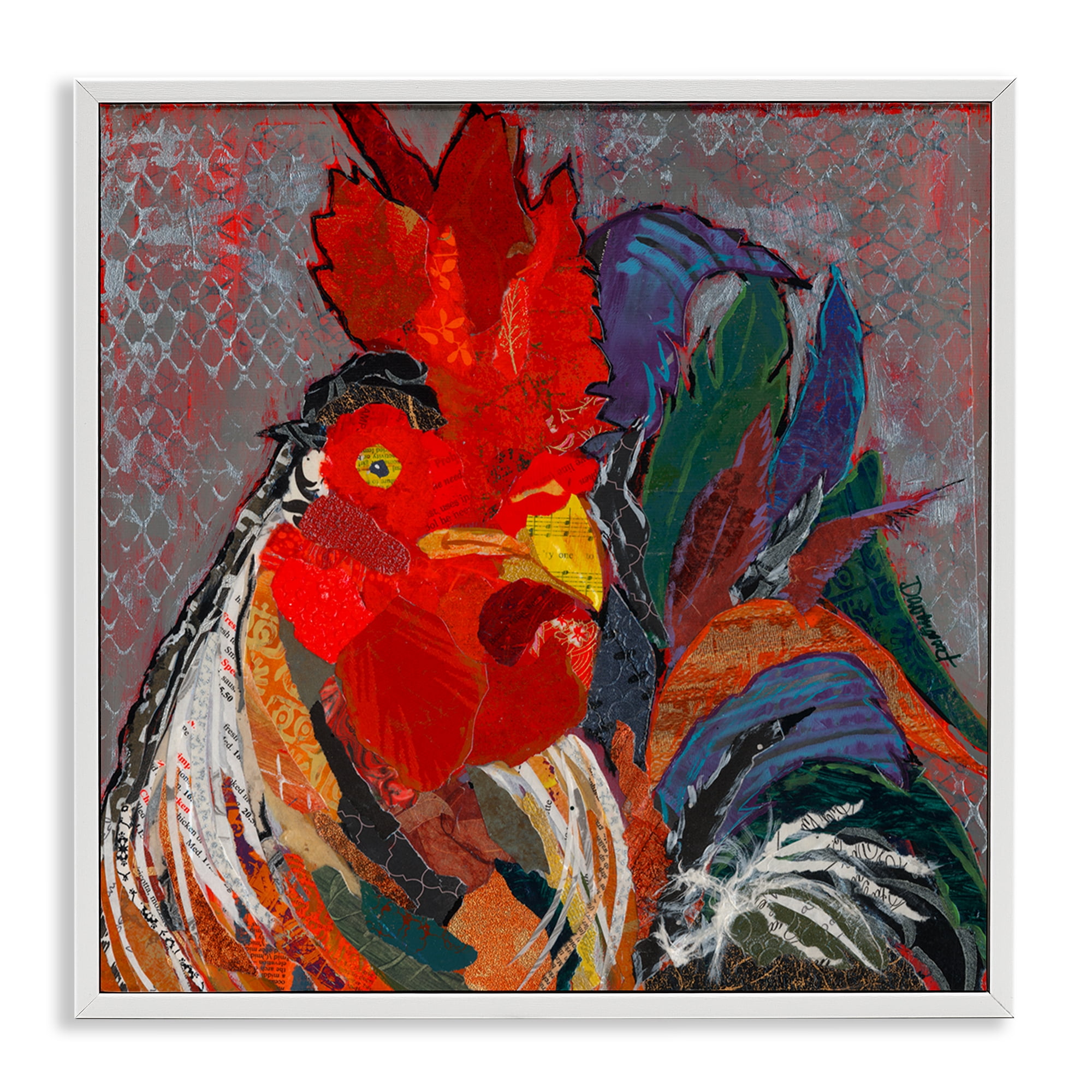 Stupell Industries Patterned Collage Rooster Animals Painting White Framed Art Print Wall Art, 17 x 17