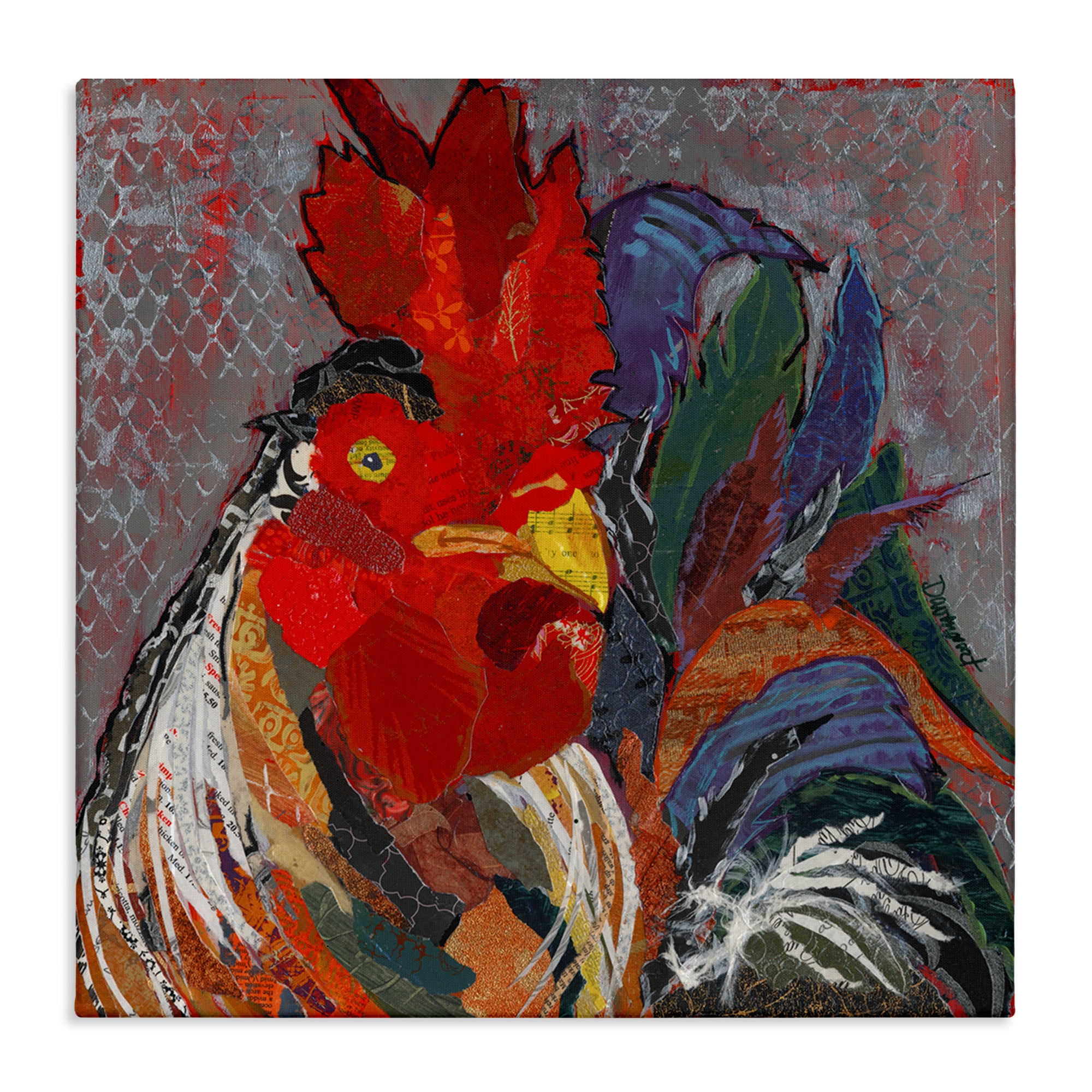 Stupell Industries Patterned Collage Rooster Animals Painting Wrapped Canvas Art Print Wall Art, 36 x 36
