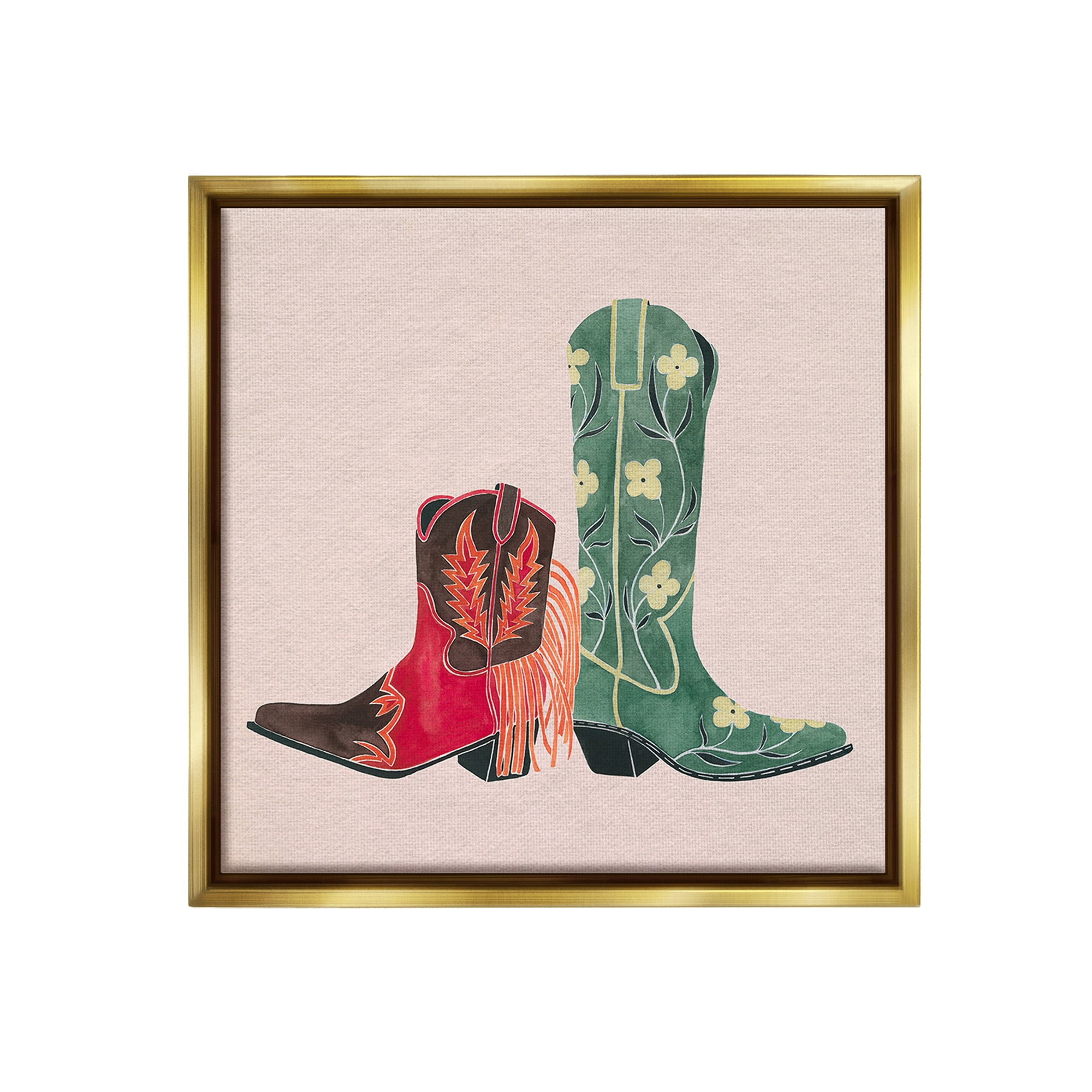 Stupell Industries Patterned Cowgirl Boots Beauty & Fashion Painting Gold Floater Framed Canvas Art Print Wall Art, 18 x 18