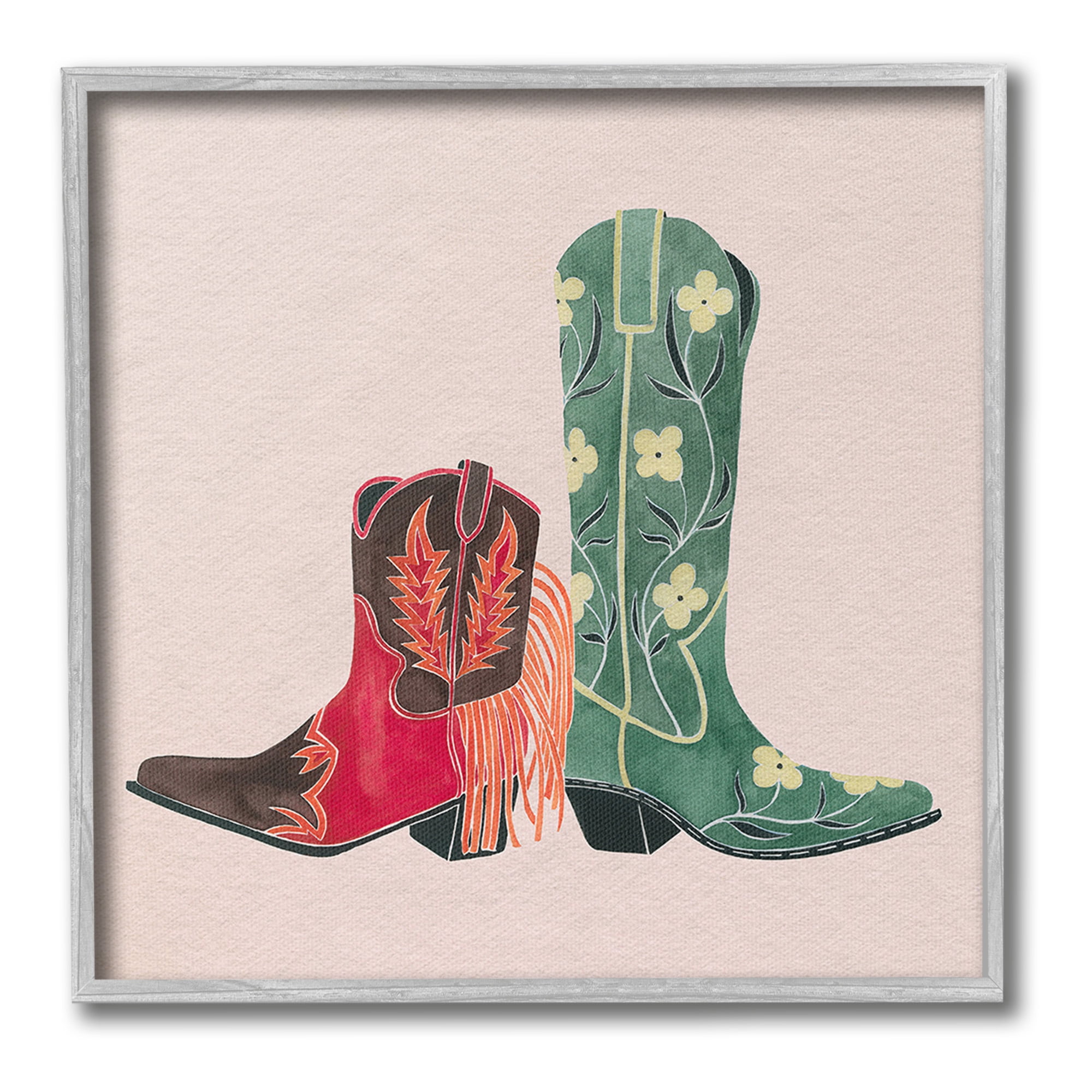 Stupell Industries Patterned Cowgirl Boots Beauty & Fashion Painting Gray Framed Art Print Wall Art, 24 x 24