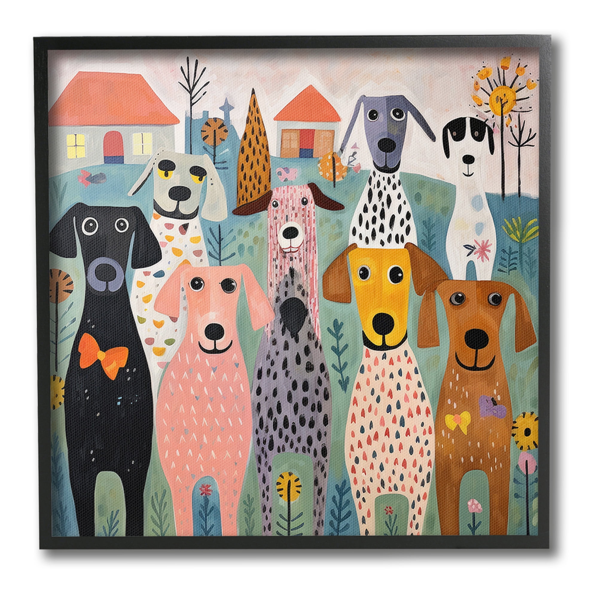 Stupell Industries Patterned Dogs & Flowers Animals & Insects Painting Black Framed Art Print Wall Art, 24 x 24