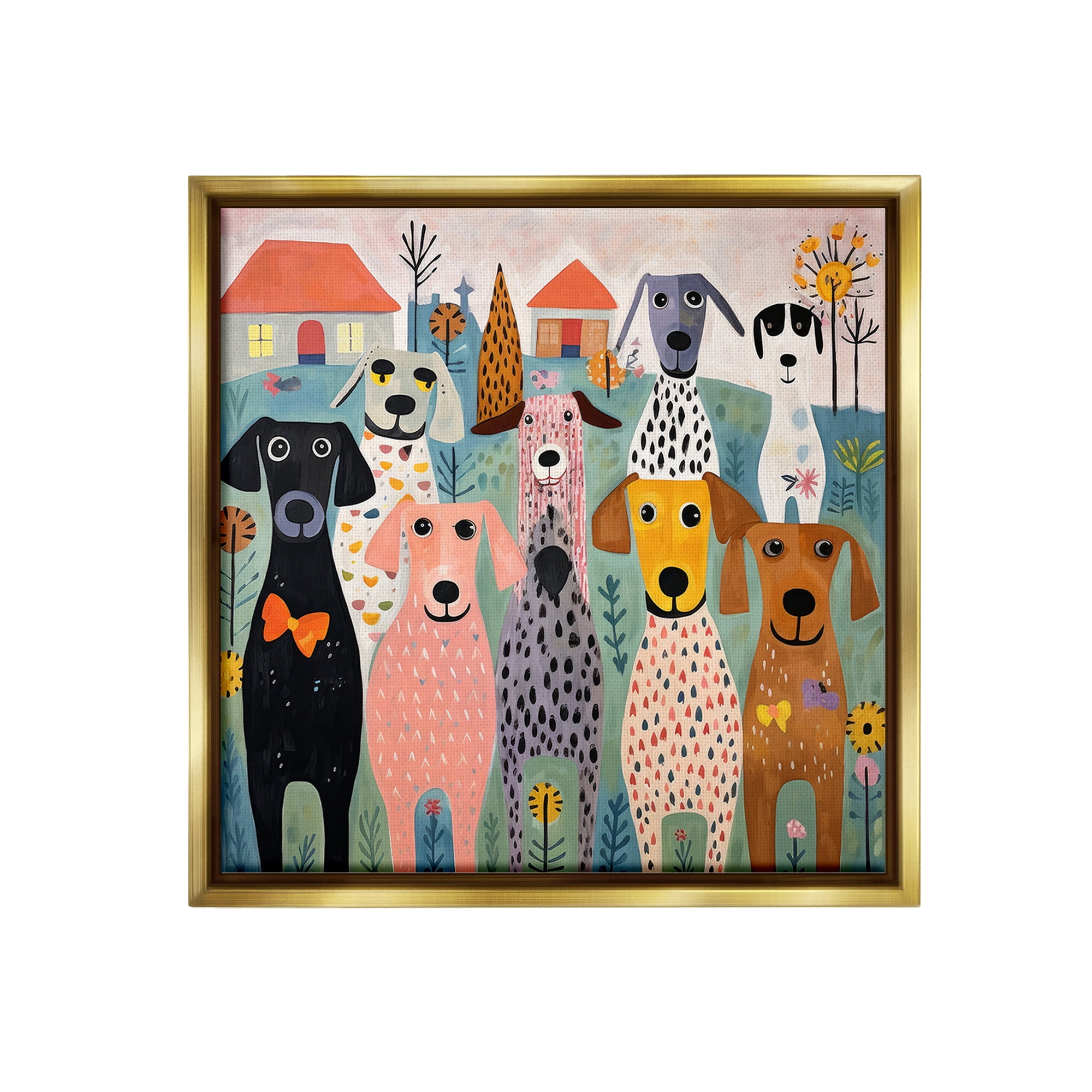 Stupell Industries Patterned Dogs & Flowers Animals & Insects Painting Gold Floater Framed Canvas Art Print Wall Art, 25 x 25