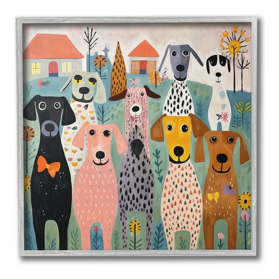 Stupell Industries Patterned Dogs & Flowers Animals & Insects Painting Gray Framed Art Print Wall Art, 24 x 24