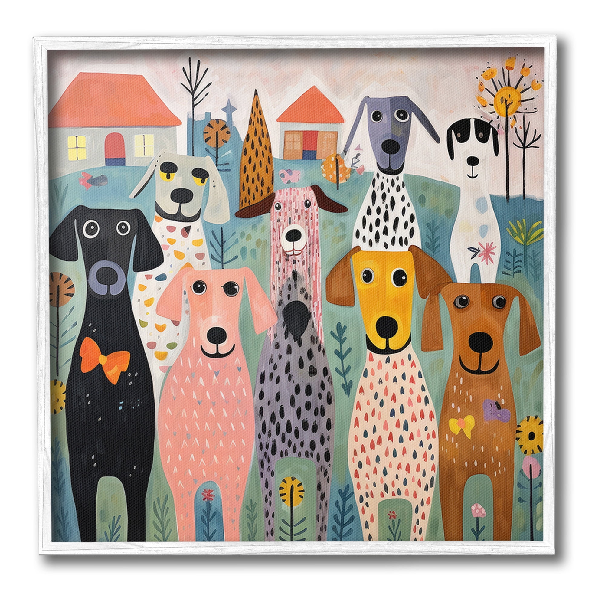 Stupell Industries Patterned Dogs & Flowers Animals & Insects Painting White Framed Art Print Wall Art, 24 x 24