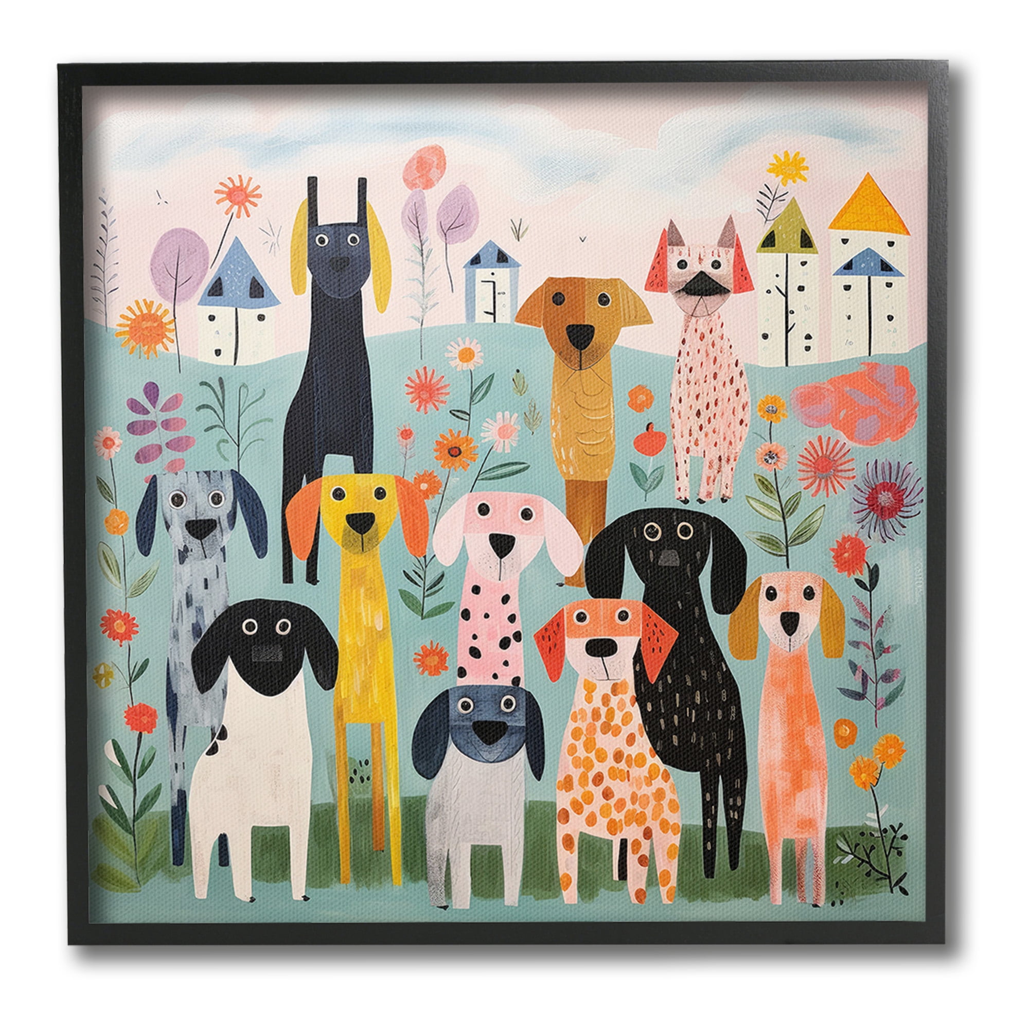 Stupell Industries Patterned Dogs in Yard Animals & Insects Painting Black Framed Art Print Wall Art, 17 x 17
