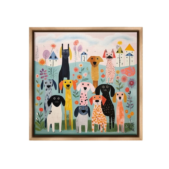 Stupell Industries Patterned Dogs in Yard Animals & Insects Painting Brown Floater Framed Canvas Art Print Wall Art, 18 x 18