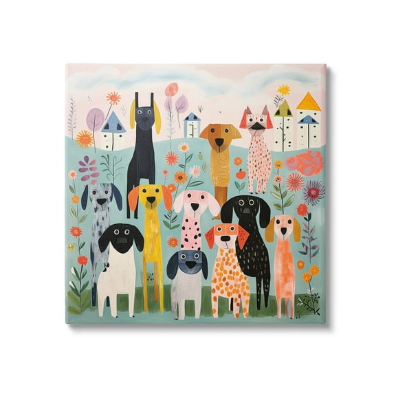 Stupell Industries Patterned Dogs in Yard Animals & Insects Painting Gallery Wrapped Canvas Art Print Wall Art, 17 x 17