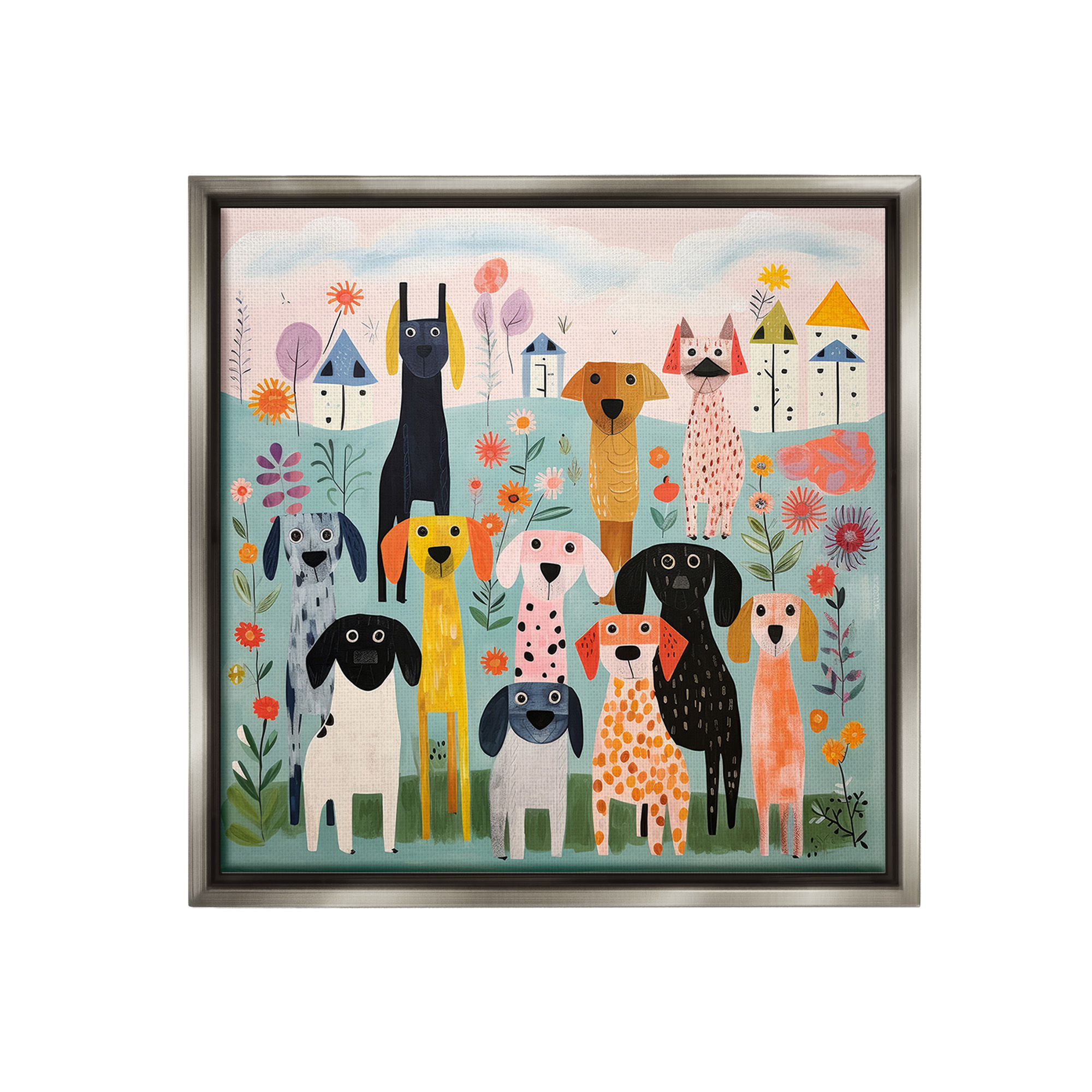 Stupell Industries Patterned Dogs in Yard Animals & Insects Painting Gray Floater Framed Canvas Art Print Wall Art, 18 x 18