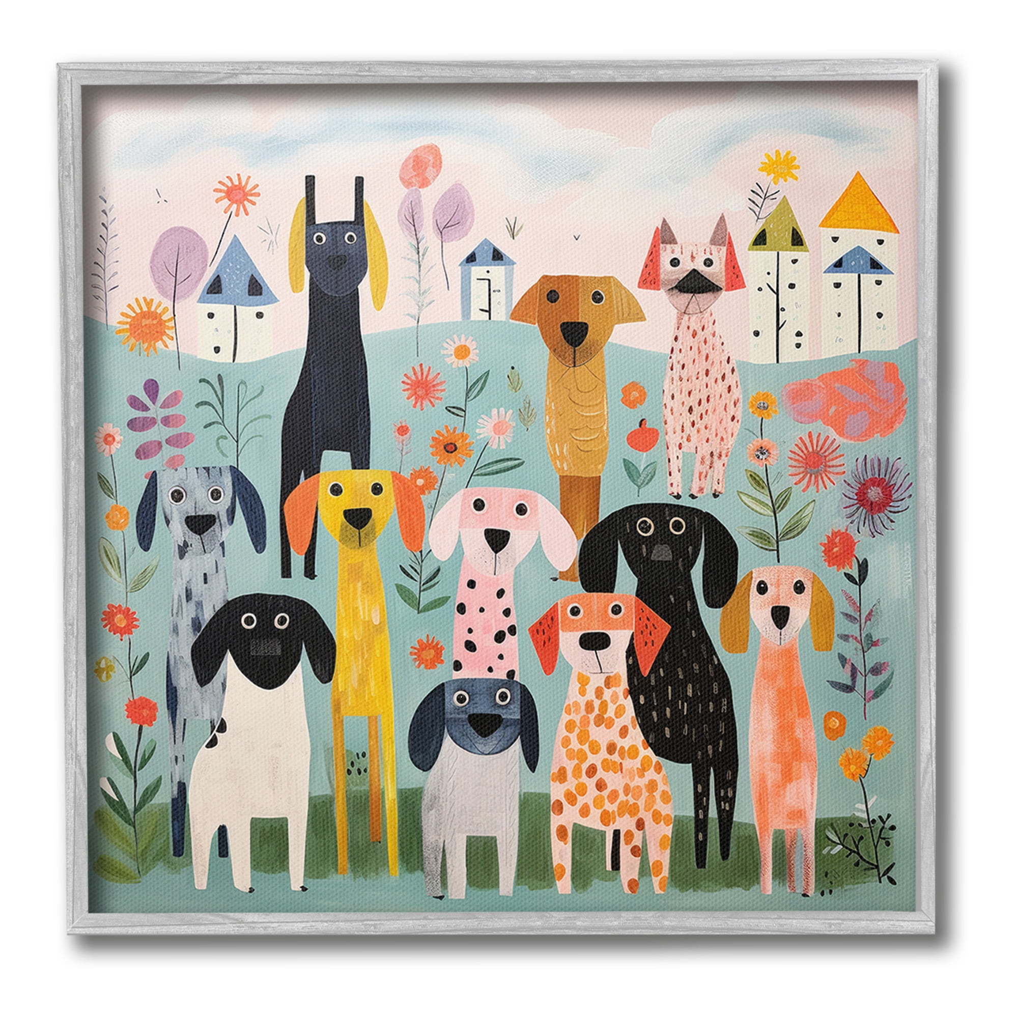 Stupell Industries Patterned Dogs in Yard Animals & Insects Painting Gray Framed Art Print Wall Art, 12 x 12