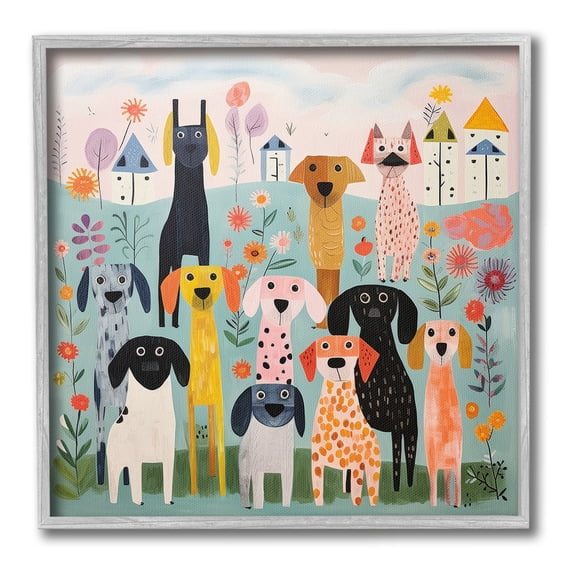 Stupell Industries Patterned Dogs in Yard Animals & Insects Painting Gray Framed Art Print Wall Art, 24 x 24