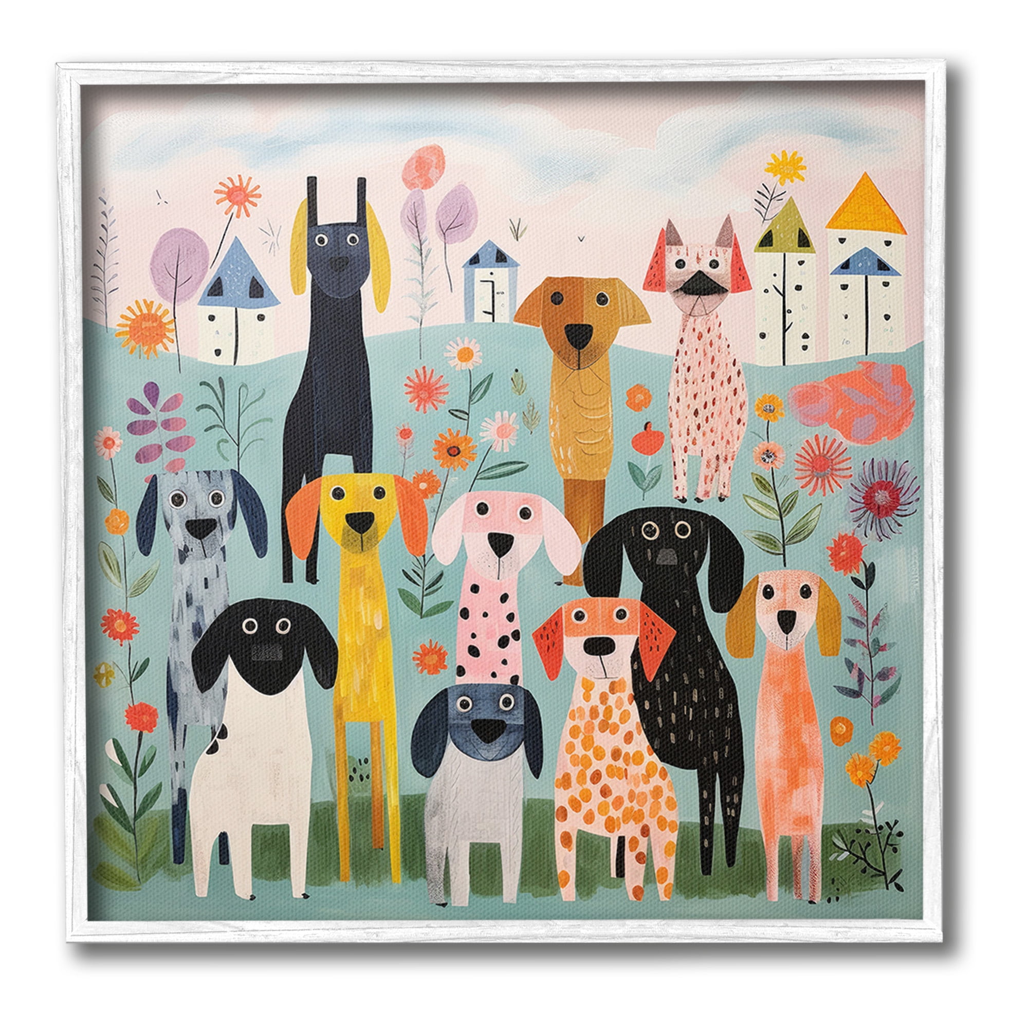 Stupell Industries Patterned Dogs in Yard Animals & Insects Painting White Framed Art Print Wall Art, 17 x 17