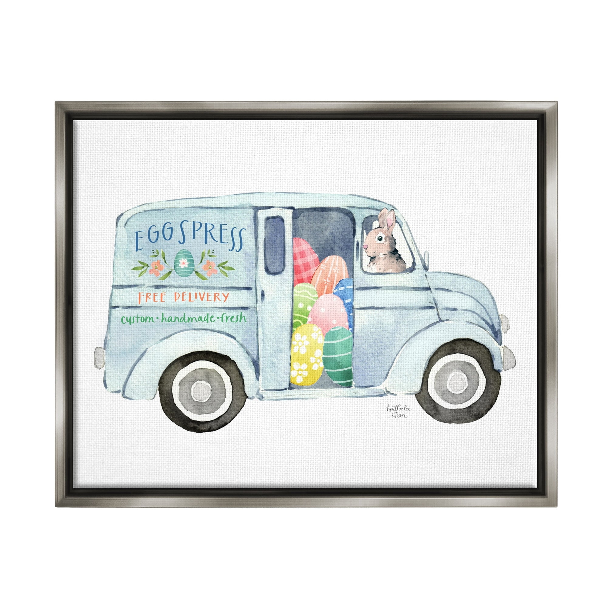 Stupell Industries Patterned Easter Eggs Truck Holiday Bunny Painting Painting Luster Gray Floating Framed Canvas Print Wall Art, Design by Heatherlee Chan