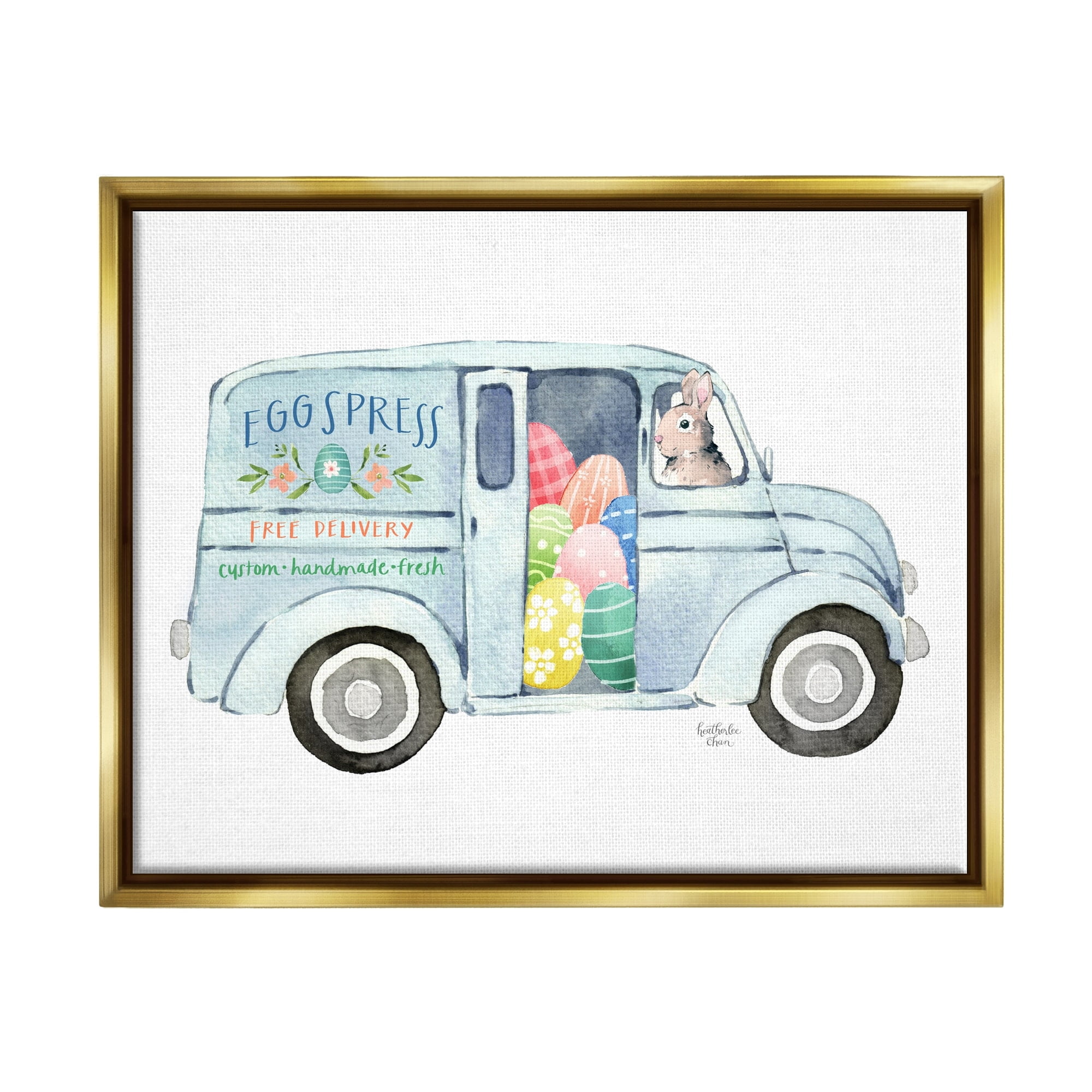 Stupell Industries Patterned Easter Eggs Truck Holiday Bunny Painting Painting Metallic Gold Floating Framed Canvas Print Wall Art, Design by Heatherlee Chan