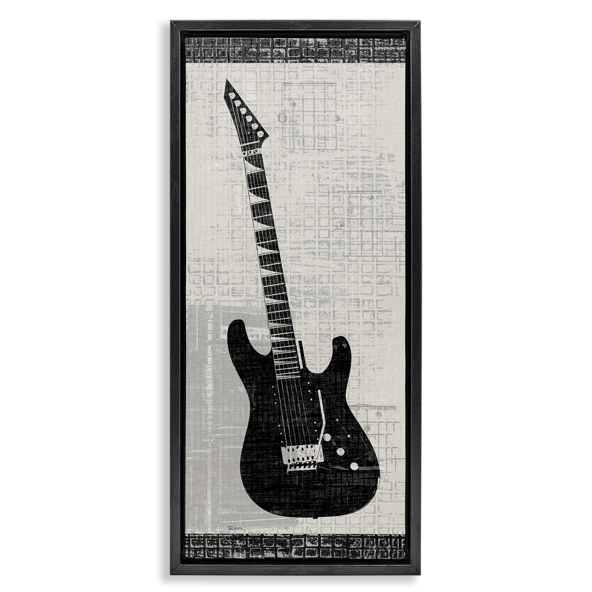 Stupell Industries Patterned Electric Guitar Performing Arts Painting Black Floater Framed Art Print Wall Art, 15 x 31
