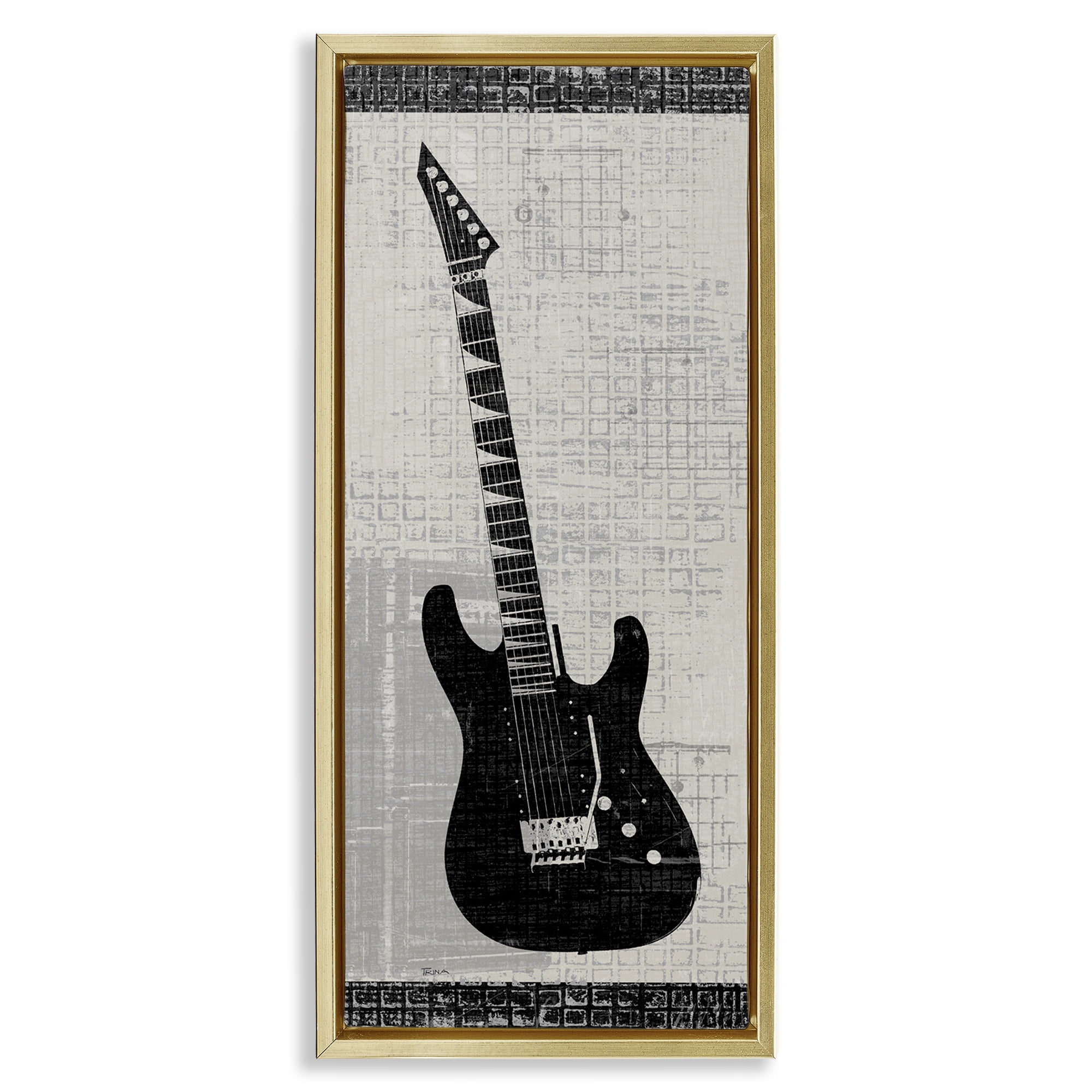 Stupell Industries Patterned Electric Guitar Performing Arts Painting Gold Floater Framed Art Print Wall Art, 15 x 31