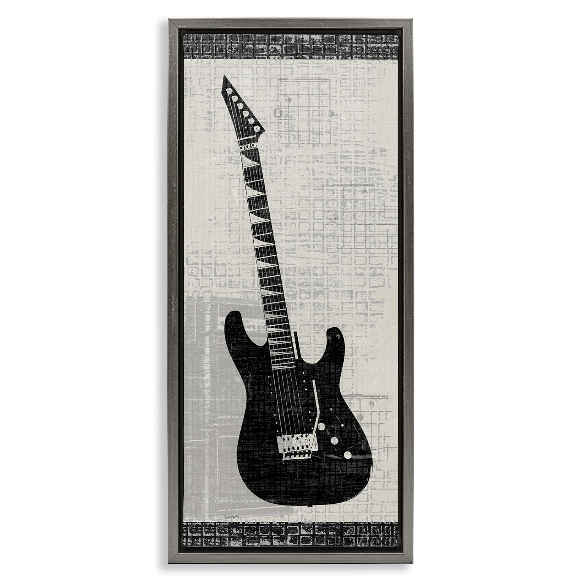 Stupell Industries Patterned Electric Guitar Performing Arts Painting Gray Floater Framed Art Print Wall Art, 15 x 31