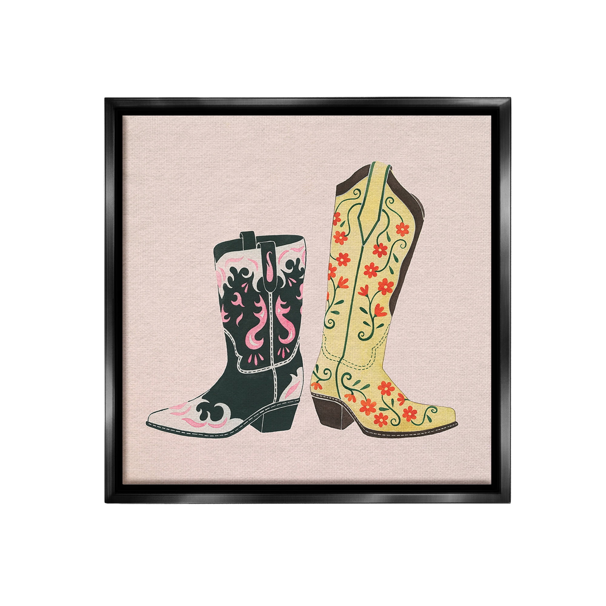 Stupell Industries Patterned Equestrian Boots Beauty & Fashion Painting Black Floater Framed Canvas Art Print Wall Art, 25 x 25