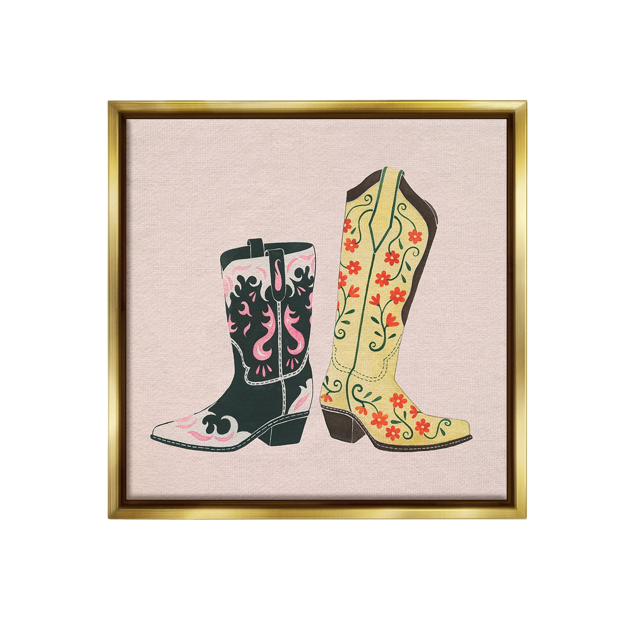 Stupell Industries Patterned Equestrian Boots Beauty & Fashion Painting Gold Floater Framed Canvas Art Print Wall Art, 25 x 25