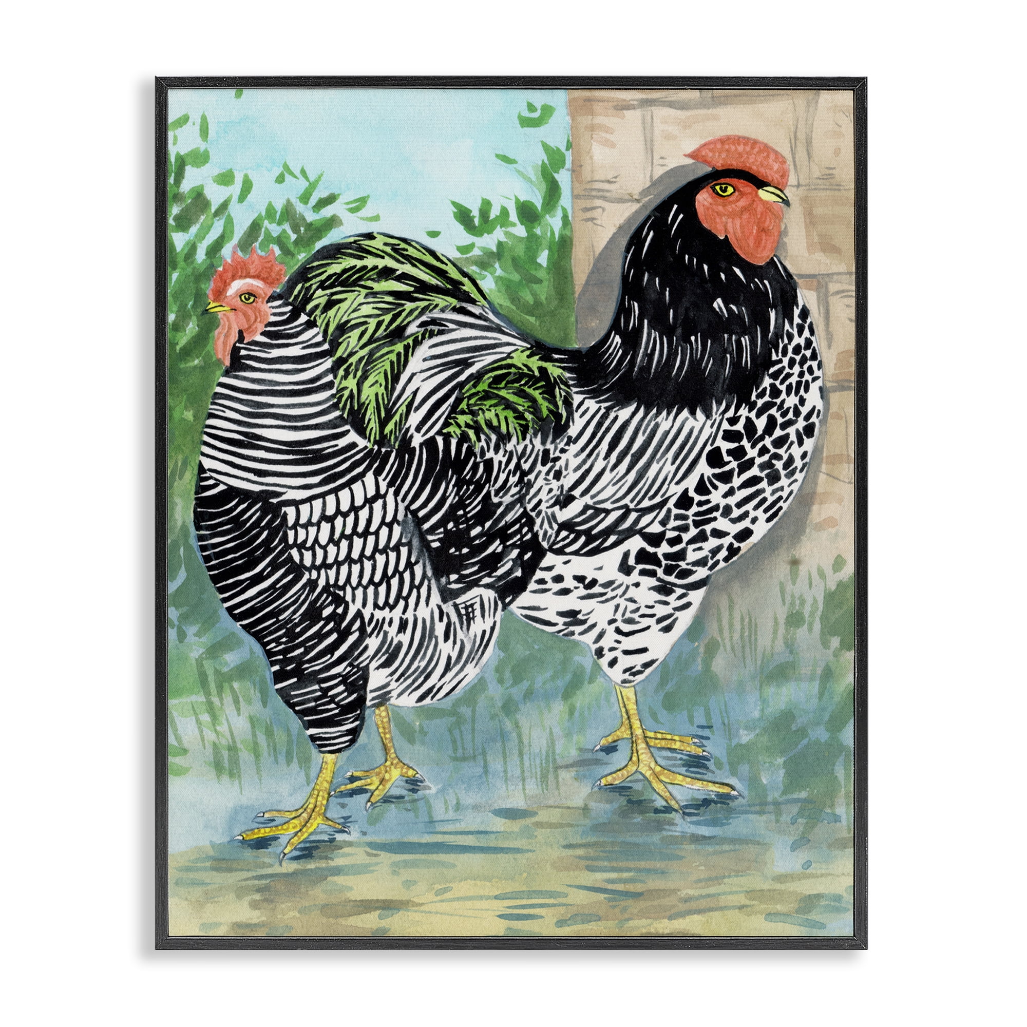 Stupell Industries Patterned Farmhouse Hens Animals Painting Black Framed Art Print Wall Art, 24 x 30