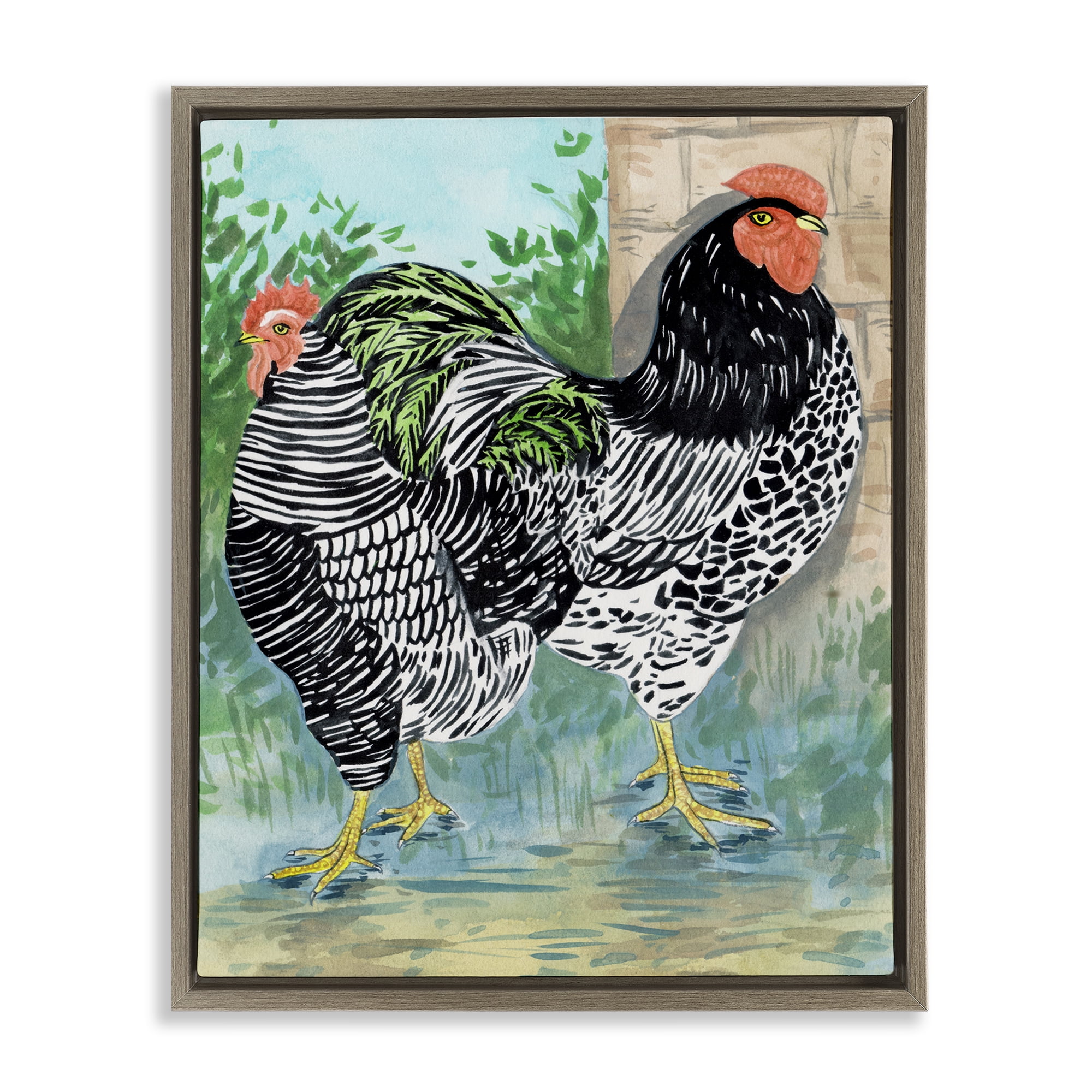 Stupell Industries Patterned Farmhouse Hens Animals Painting Brown Floater Framed Canvas Art Print Wall Art, 25 x 31