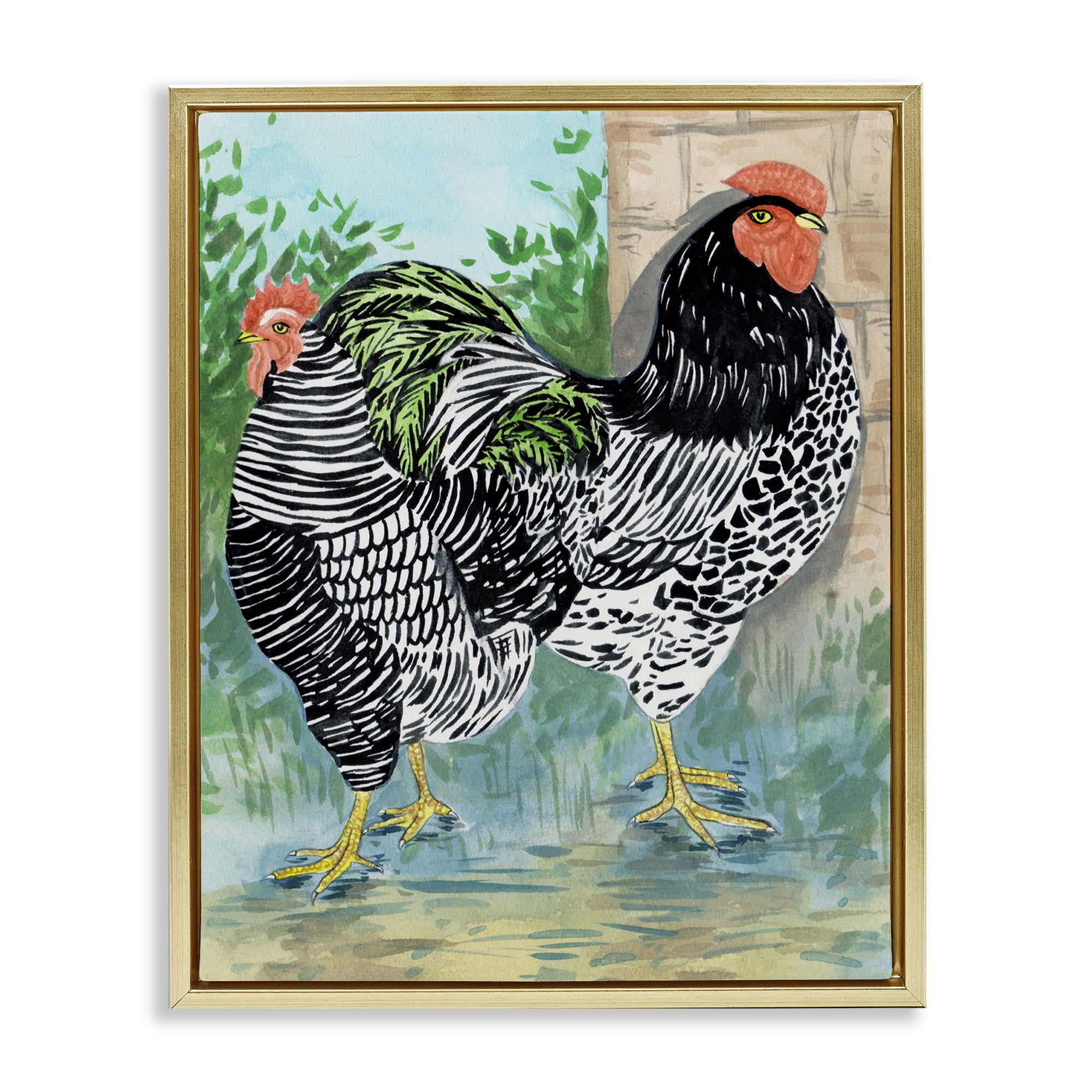 Stupell Industries Patterned Farmhouse Hens Animals Painting Gold Floater Framed Canvas Art Print Wall Art, 17 x 21