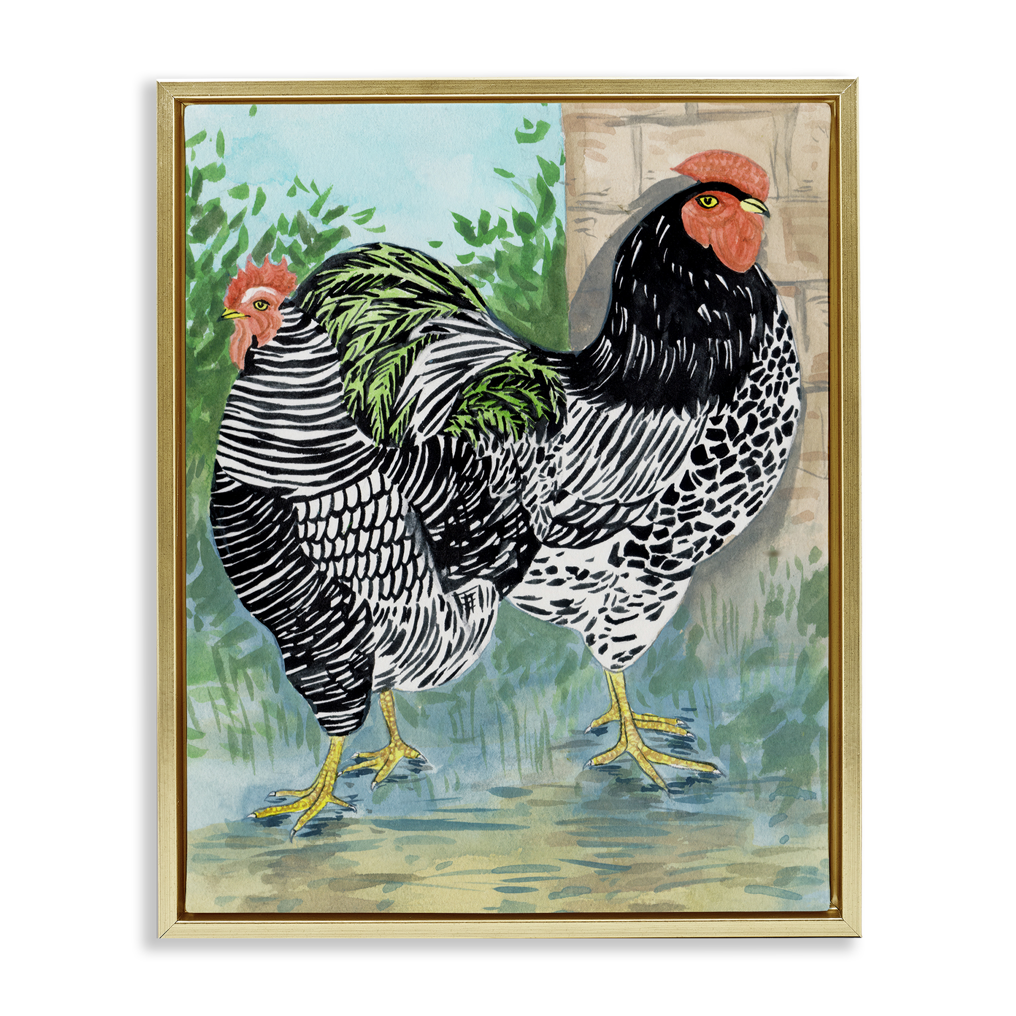 Stupell Industries Patterned Farmhouse Hens Animals Painting Gold Floater Framed Canvas Art Print Wall Art, 25 x 31