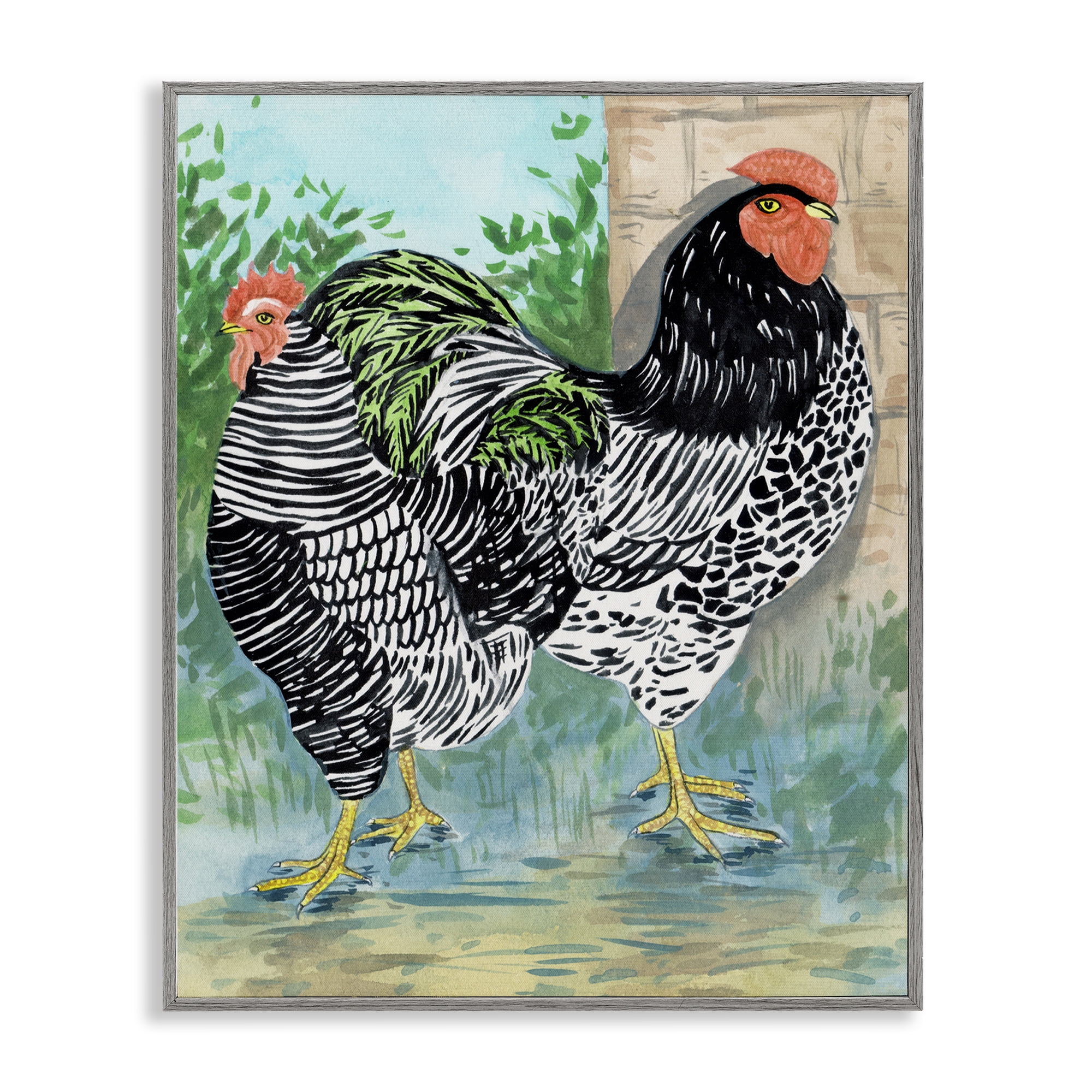 Stupell Industries Patterned Farmhouse Hens Animals Painting Gray Framed Art Print Wall Art, 11 x 14