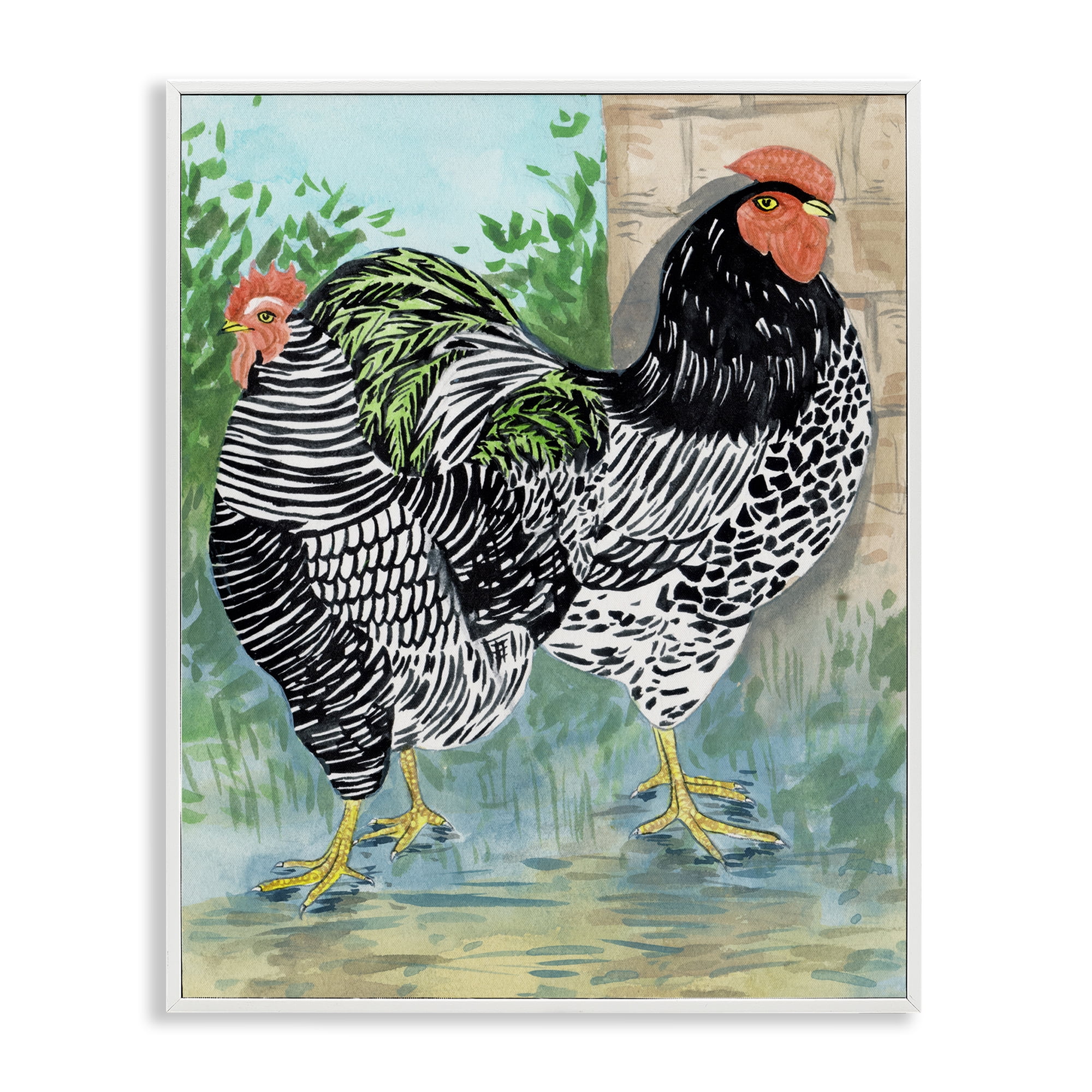 Stupell Industries Patterned Farmhouse Hens Animals Painting White Framed Art Print Wall Art, 11 x 14