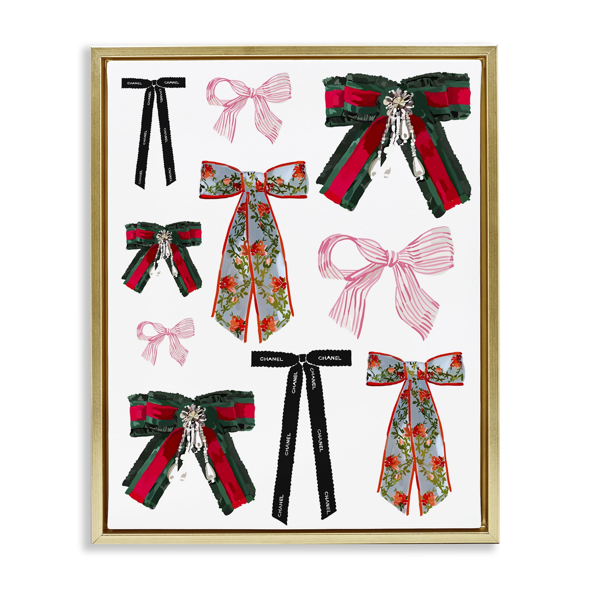 Stupell Industries Patterned Fashion Ribbons Beauty & Fashion Painting Gold Floater Framed Art Print Wall Art, 17 x 21