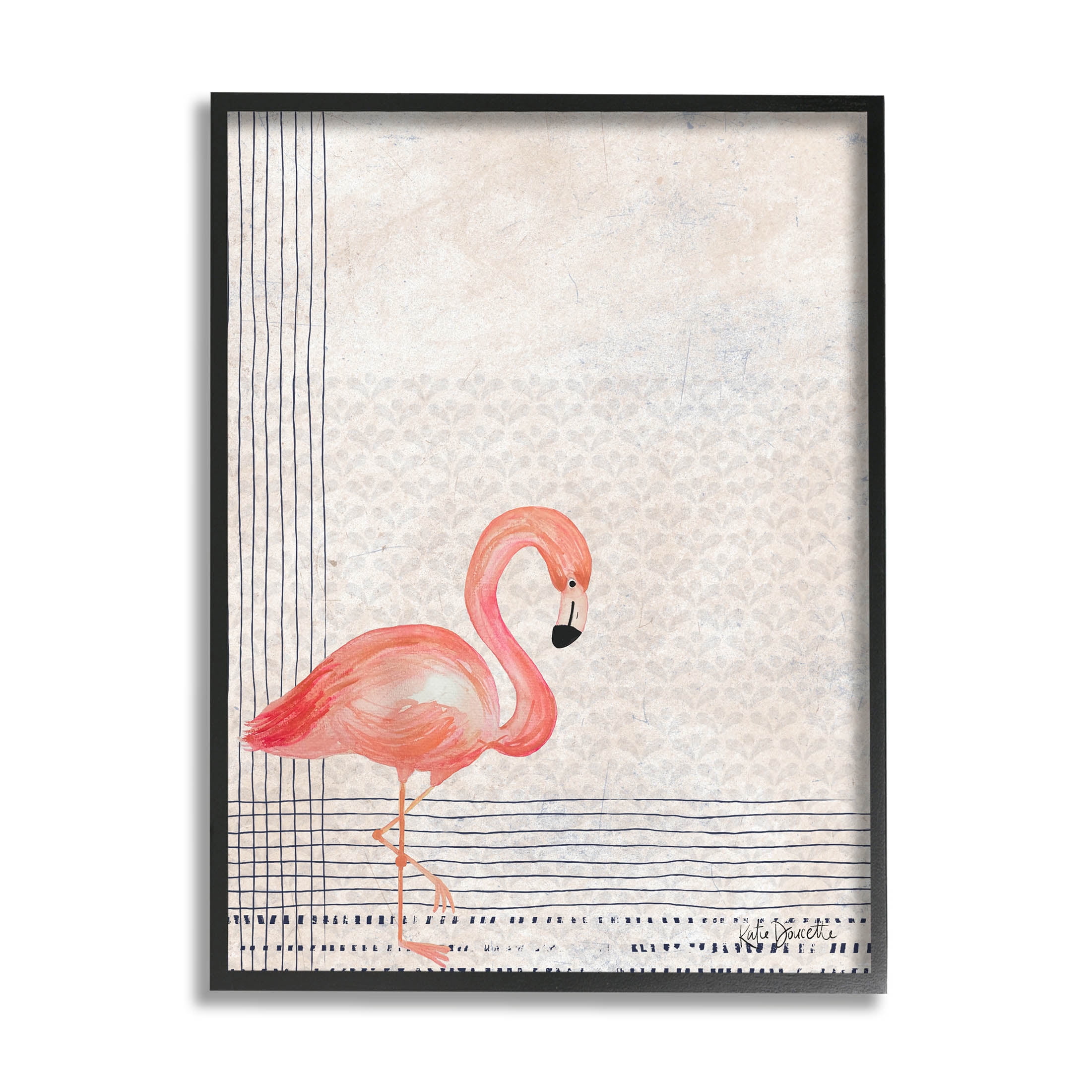 Stupell Industries Patterned Flamingo Bird Layered Stripes Graphic Art Black Framed Art Print Wall Art, Design by Katie Doucette