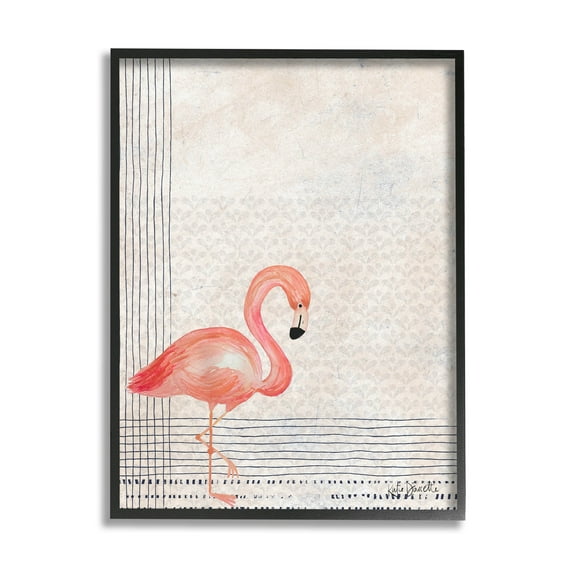 Stupell Industries Patterned Flamingo Bird Layered Stripes Graphic Art Black Framed Art Print Wall Art, Design by Katie Doucette