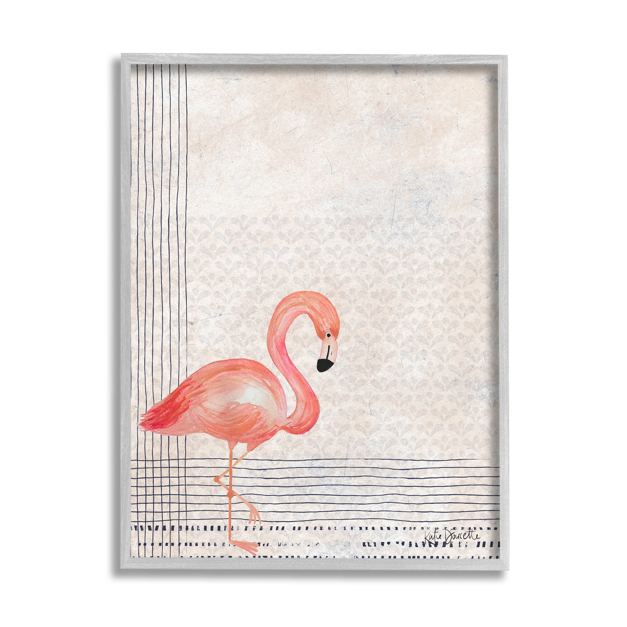 Stupell Industries Patterned Flamingo Bird Layered Stripes Graphic Art Gray Framed Art Print Wall Art, Design by Katie Doucette