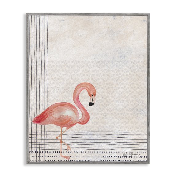 Stupell Industries Bohemian Patterned Flamingo Bird Layered Stripes Gray Framed Giclee Art, 11 x 14, by Katie Doucette