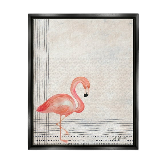 Stupell Industries Patterned Flamingo Bird Layered Stripes Graphic Art Jet Black Floating Framed Canvas Print Wall Art, Design by Katie Doucette