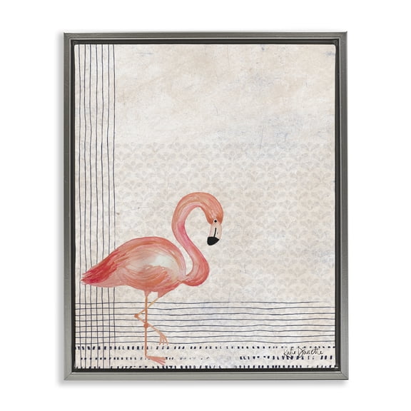 Stupell Industries Bohemian Patterned Flamingo Bird Layered Stripes Gray Floating Frame Canvas Art, 25 x 31, by Katie Doucette