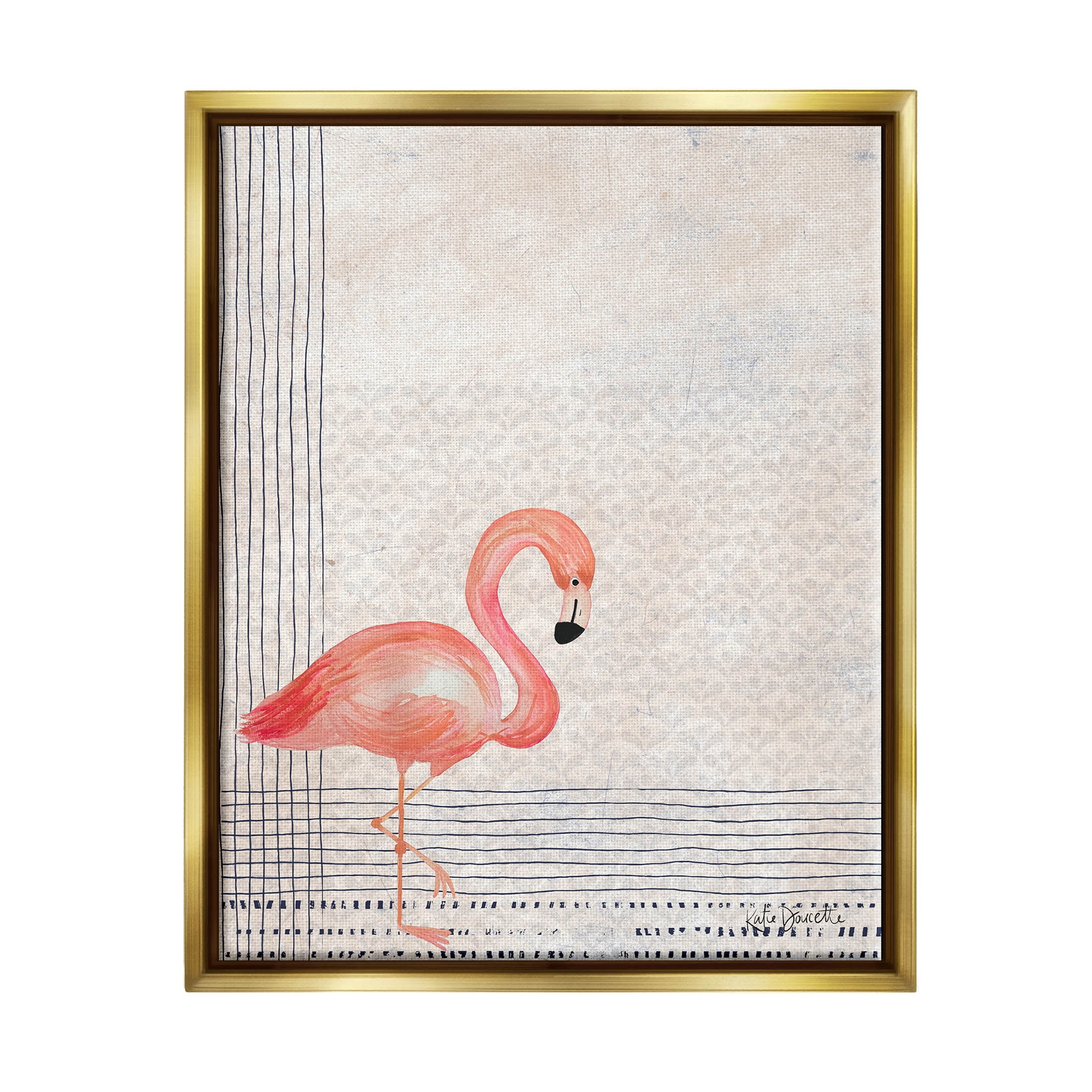 Stupell Industries Patterned Flamingo Bird Layered Stripes Graphic Art Metallic Gold Floating Framed Canvas Print Wall Art, Design by Katie Doucette