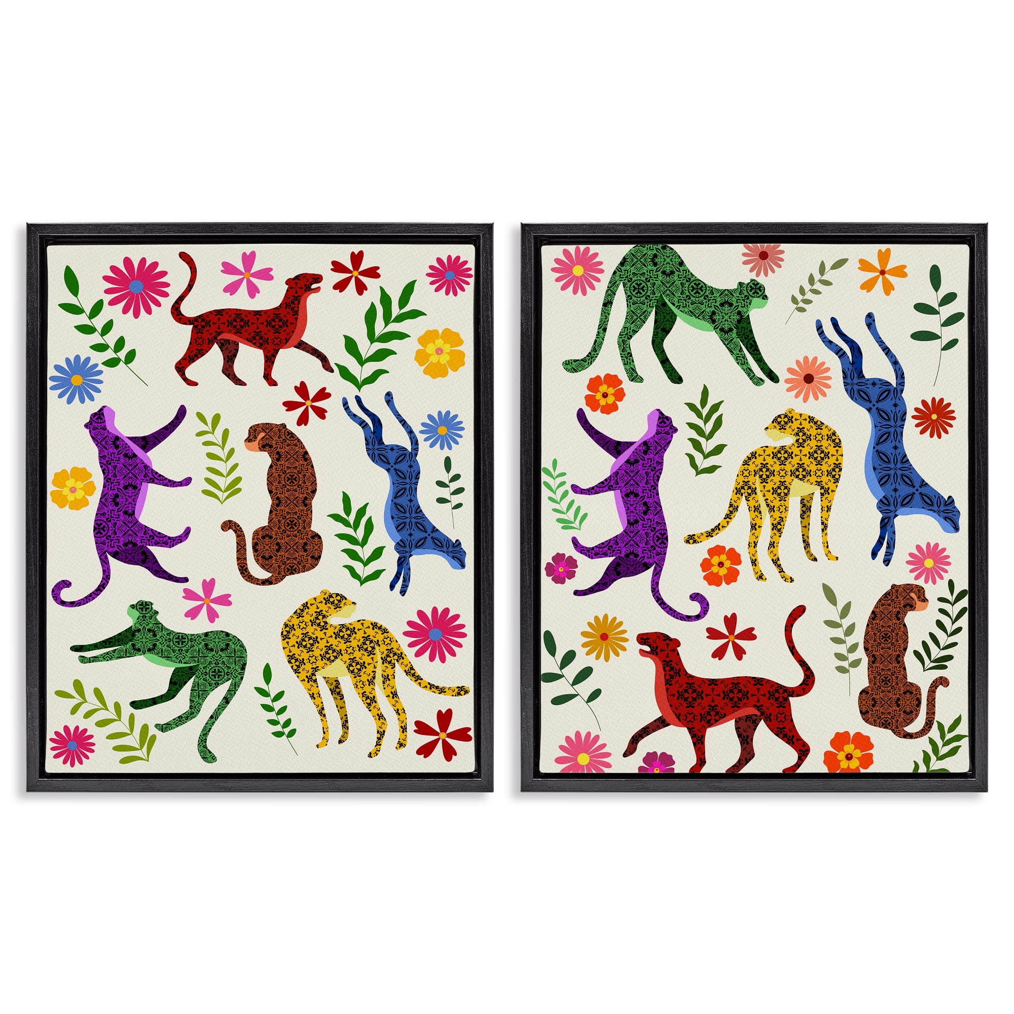 Stupell Industries Patterned Floral Jungle Cats Animals Painting Black Floater Framed Canvas Art Print Wall Art, 31 x 25, Set of 2