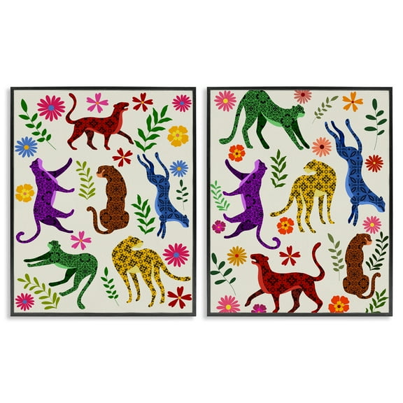 Stupell Industries Patterned Floral Jungle Cats Animals Painting Black Framed Art Print Wall Art, 11 x 14, Set of 2