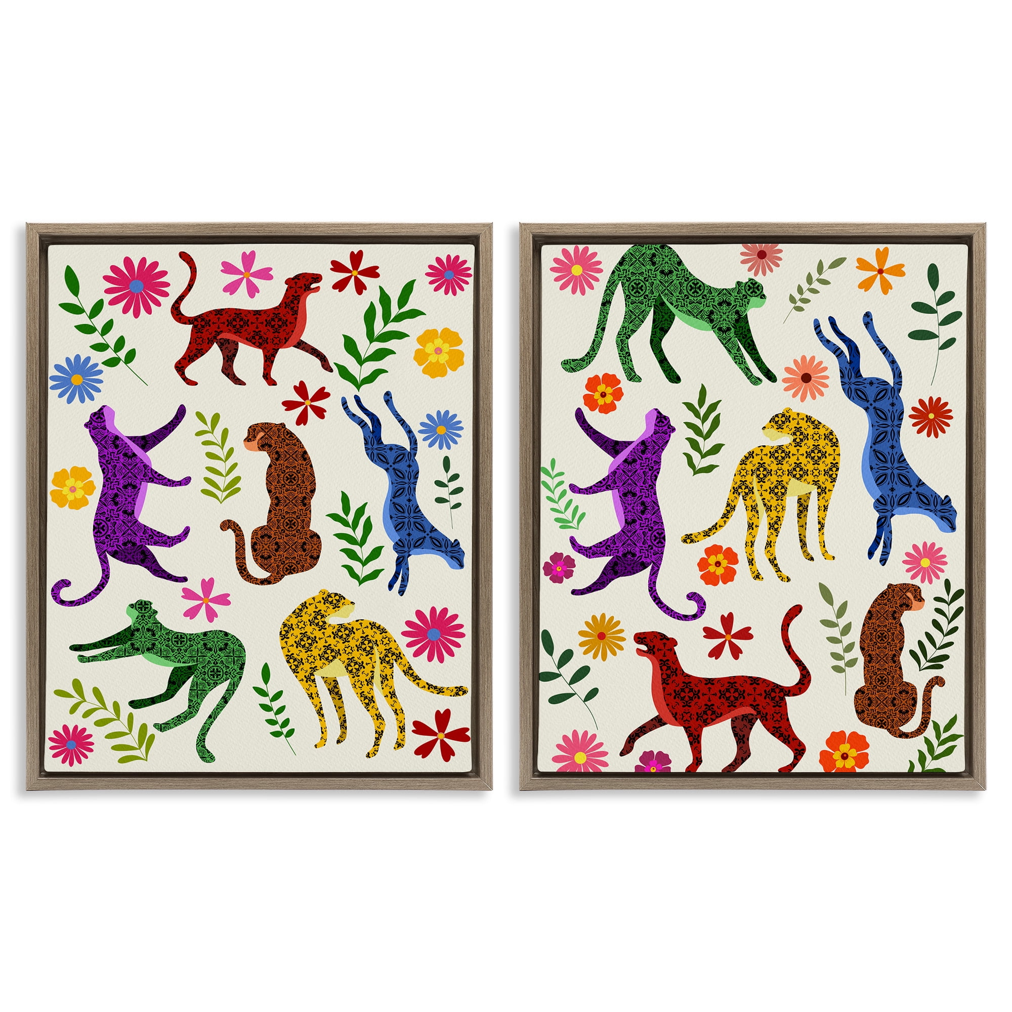 Stupell Industries Patterned Floral Jungle Cats Animals Painting Brown Floater Framed Canvas Art Print Wall Art, 31 x 25, Set of 2