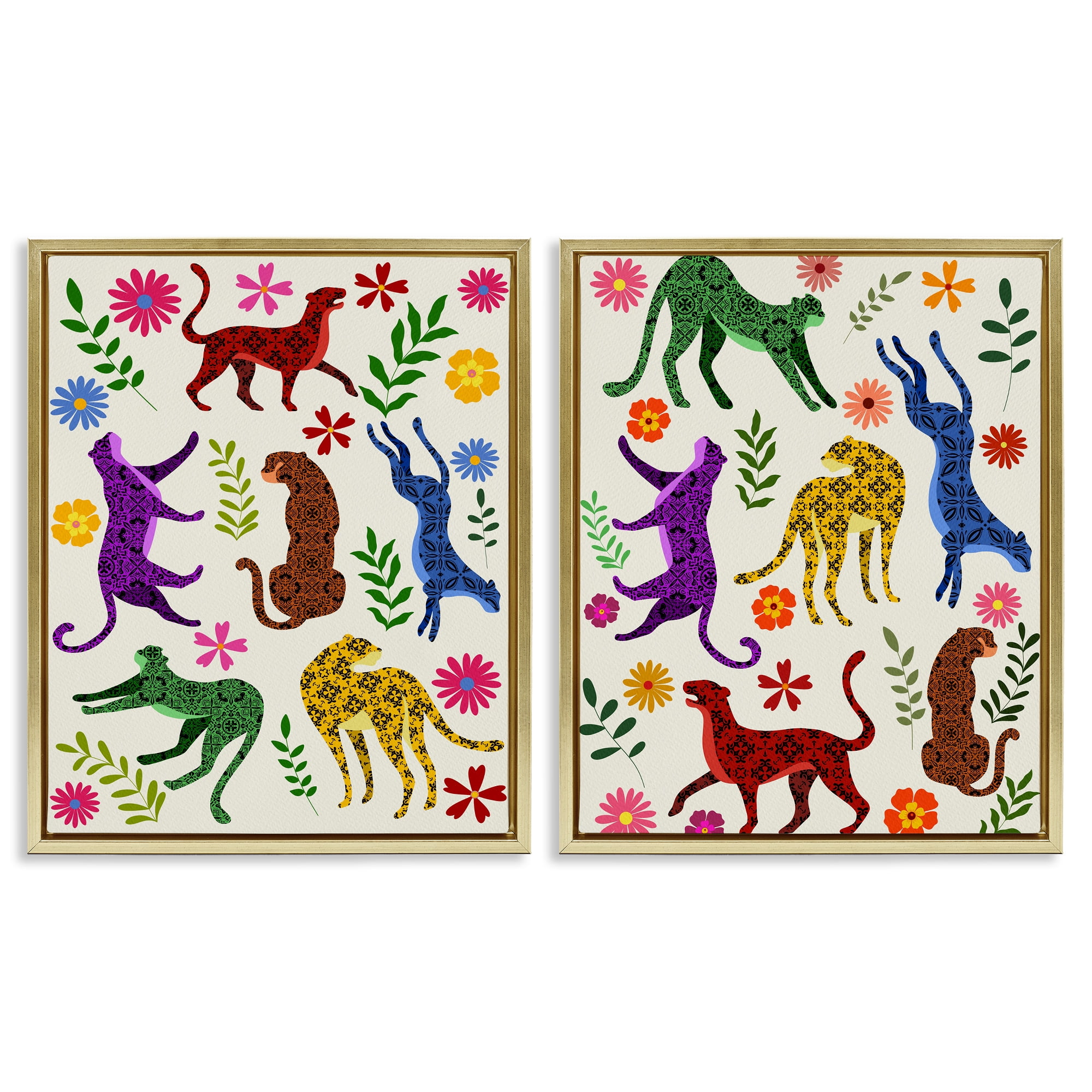 Stupell Industries Patterned Floral Jungle Cats Animals Painting Gold Floater Framed Canvas Art Print Wall Art, 31 x 25, Set of 2