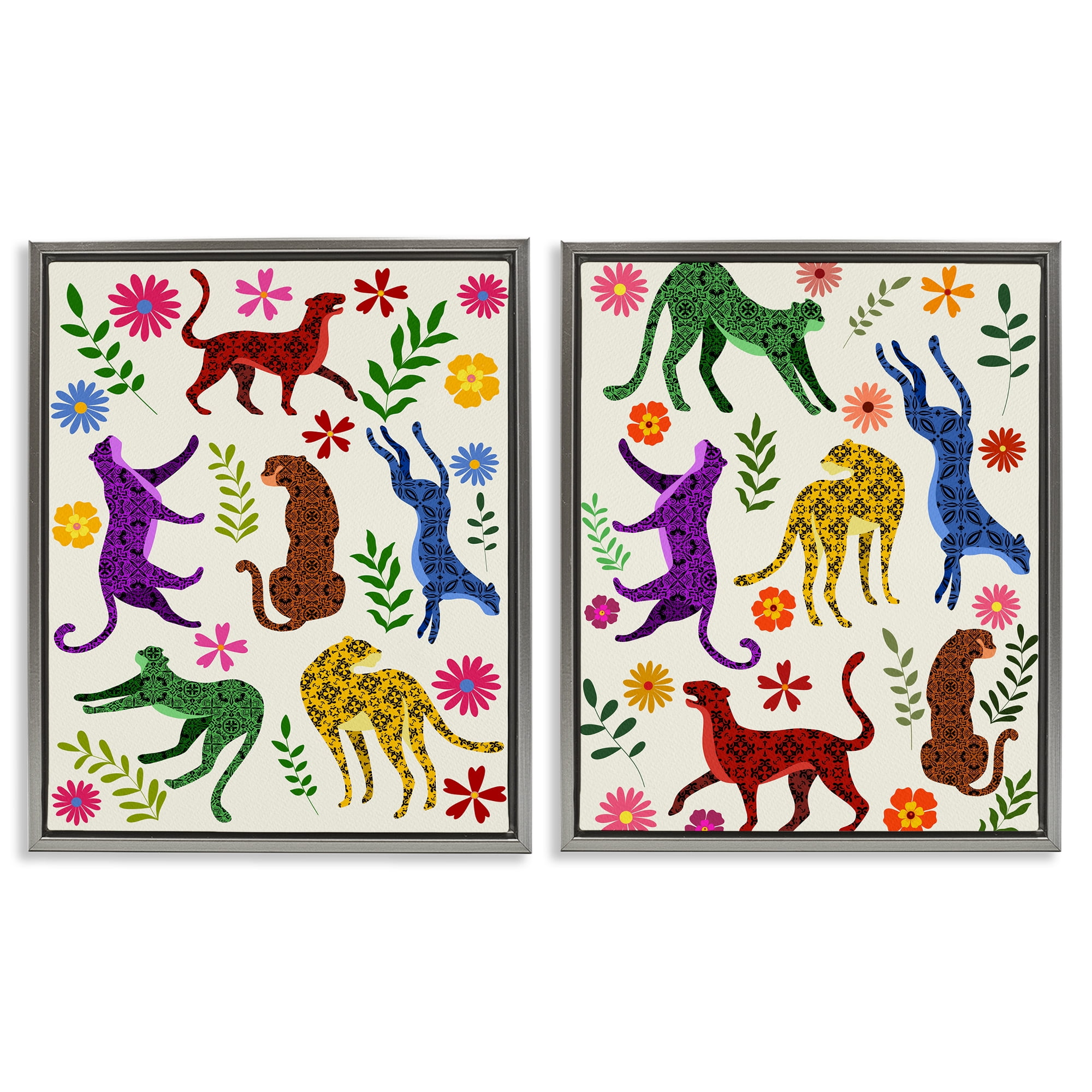 Stupell Industries Patterned Floral Jungle Cats Animals Painting Gray Floater Framed Canvas Art Print Wall Art, 31 x 25, Set of 2